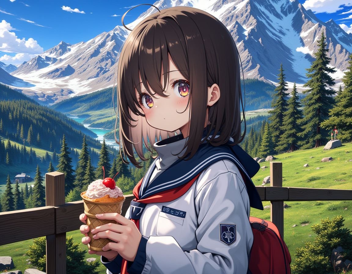 1girl,school uniform,eating ice cream,mountain,