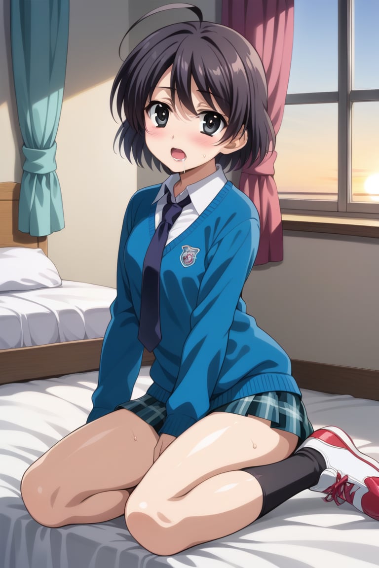 Highly detailed, High Quality, masterpiece, beautiful, 1girl, solo, (feminine focus, young woman, 16 years old), niki ookuma, short hair, black hair, ahoge, (black eyes:1.5), (detailed eyes, perfect eyes, pupils), mini skirt, school uniform, necktie, shoes, socks, (white_blouse, tie inside sweatshirt, skyblue sweater:1.5), plaid skirt, black socks, sneakers, curtains, bed, Open window, sunrise, sitting in bed, looking_at_viewer, open_mouth, (focus face:1.5), blush, sweat, saliva, drooling, heart in eyes<lora:EMS-409892-EMS:0.800000>