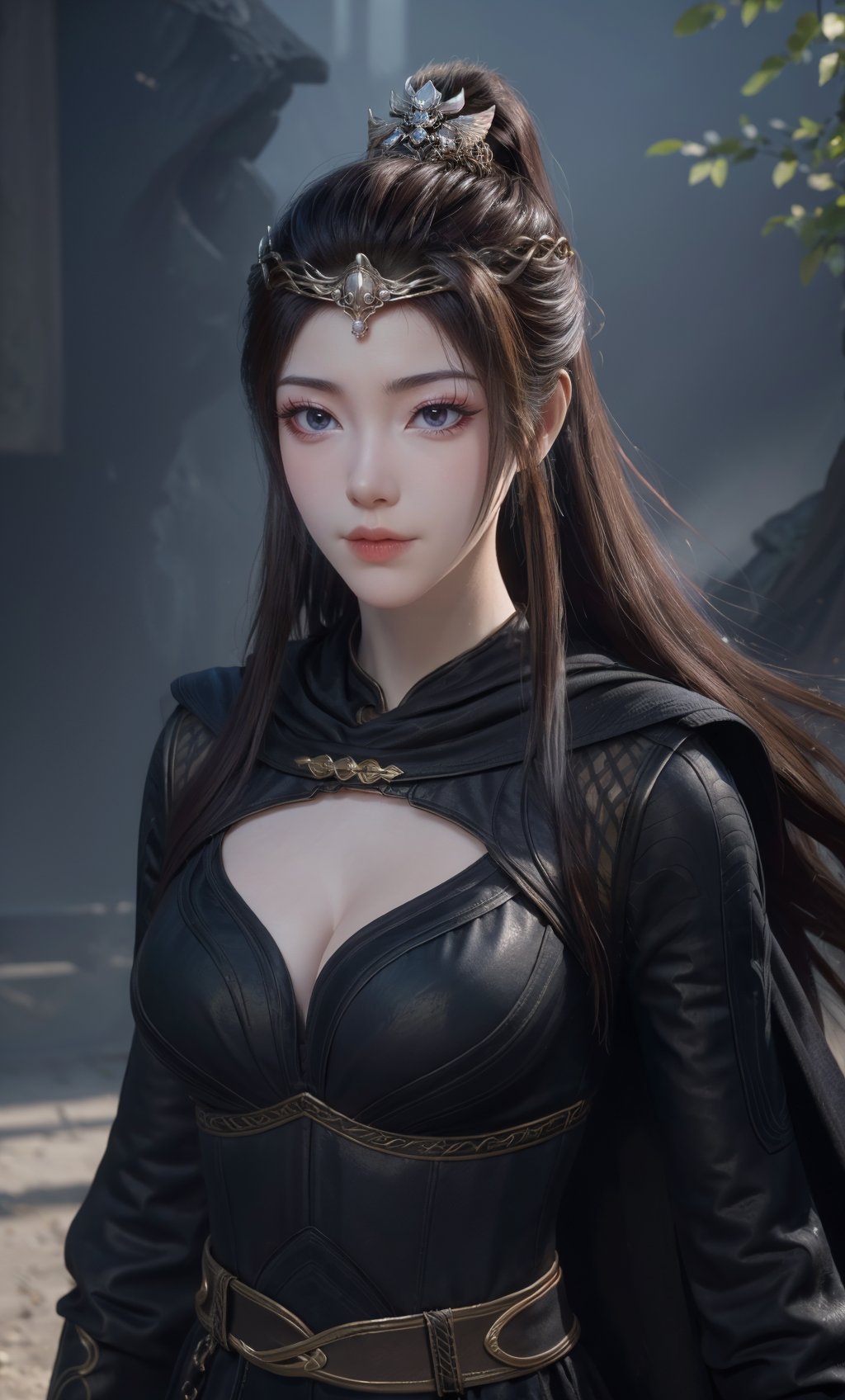 ,,masterpiece,(best quality),official art,extremely detailed cg 8k wallpaper,(extremely delicate and beautiful),solo,realistic,photo_\(medium\),portrait,(chinese clothes, black robe, solo, brown hair, cleavage cutout, dress, breasts, cape,belt, clothing cutout,ong sleeves,),1girl,solo,ponytail,tiara,crown,black dress,bird,hair ornament,l,hair bun,hair ornament,hair stick,jewelry,long hair,<lora:yuanyao-10:0.65>,