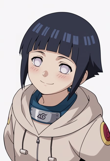 score_9, score_8_up, score_7_up, score_6_up, score_5_up, score_4_up, BREAK, source_anime,1girl, hyuuga hinata, short hair, black hair, no pupils, blunt bangs, shiny hair, white eyes, hoodie, hood down, long sleeves, capri pants,hands behind back, blush, smile, upper body, looking at viewer, solo, simple background, white background, anime screencap, anime coloring<lora:HinataGeninXL:1>