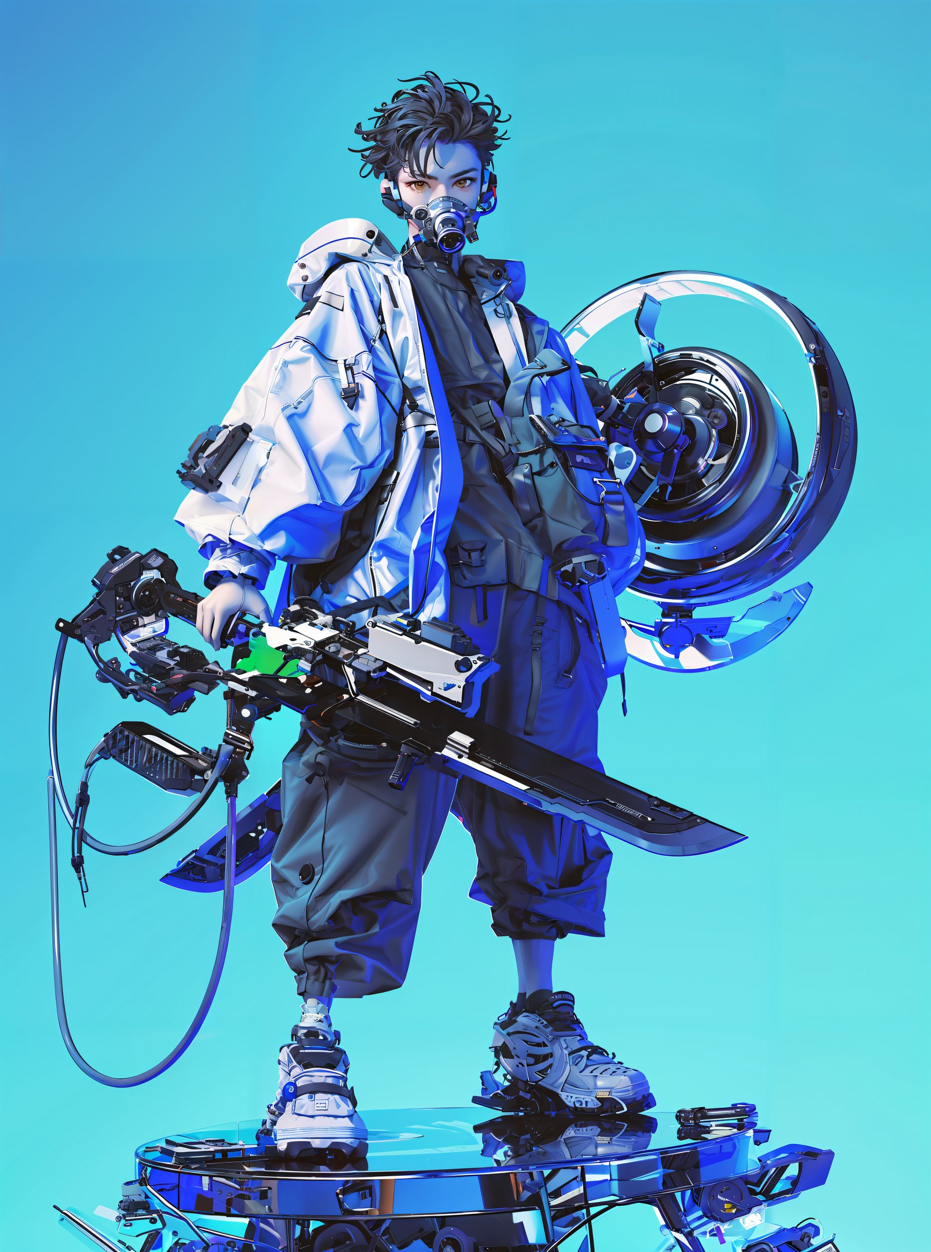 male focus,1boy,jacket,black hair,blue background,solo,holding,shoes,full body,holding weapon,white jacket,headphones,pants,baggy pants,weapon,standing,looking at viewer,short hair,black pants,black eyes,hood down,sneakers,shirt,black shirt,hood,<lora:tusi索泰:0.8>,realistic,graphics,super realistic,black_background,super fine,