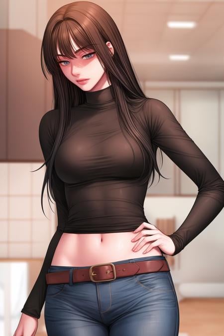 (masterpiece, best quality),<lora:Kang Yuna-lora-Faxtron:1> kang yuna, blueish-gray eyes, black hair, long hair, medium breasts, navel, belt, black turtleneck, long sleeves, blue jeans, brown knee boots,<lora:add_detail:1> 