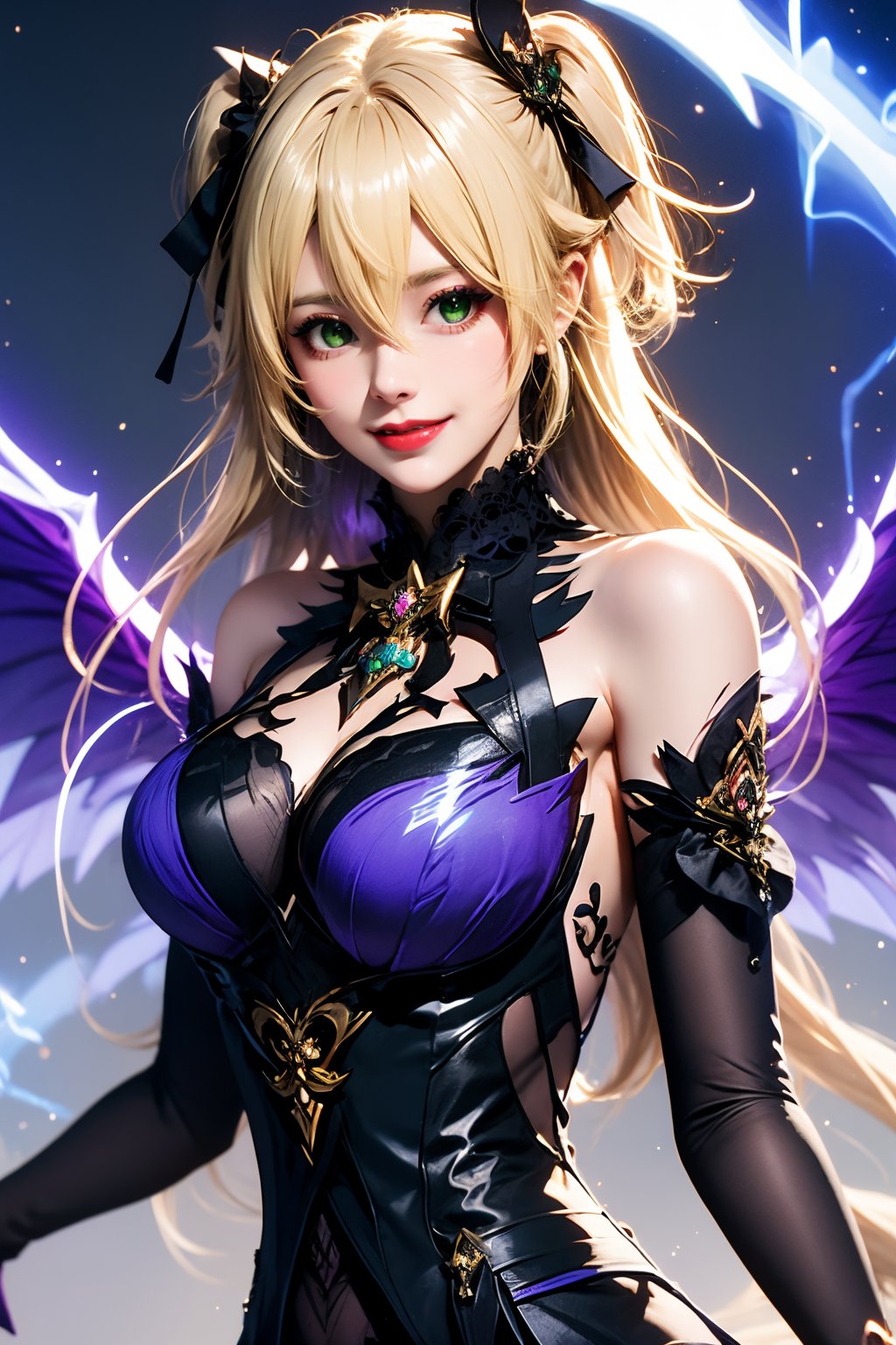 1girl, solo, breasts, green eyes, blonde hair, fischl \(genshin impact\), looking at viewer, long hair, two side up, red lips, bare shoulders, bow, upper body, hair between eyes, wings, lips, ribbon, medium breasts, bowtie, dress, purple bow, hair ribbon, detached sleeves, black dress, smile, purple bowtie, hair ornament, lipstick, makeup, tattoo, parted lips, torn clothes, large breasts, black ribbon, realistic, closed mouth, lightning, sleeveless, nose, gem, feathered wings, cleavage