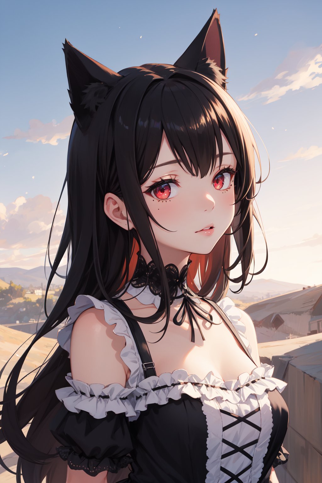 <lora:Ruri-0000010:0.8>,Ruri cyql,1girl,looking at viewer,solo,long hair,black hair,hime cut,red eyes,mole,mole under eye,cat ears,animal ears,gothic lolita,lolita fashion,dress,frills,Annoyed, Mouth turned down slightly, eyes narrowed, and a tense jaw.,bust,beautiful face,beautiful eyes,glossy skin,shiny skin,Desert, Dunes, Twilight, Sand, Shadows, Colors, Silence, Serenity,(Cherry blossoms, Magnolia trees, Park benches, Joggers, Urban skyline, Afternoon sun:0.6),beautiful detailed sky,beautiful detailed glow,posing in front of a colorful and dynamic background,masterpiece,best quality,beautiful and aesthetic,contrapposto,female focus,wallpaper,fashion,