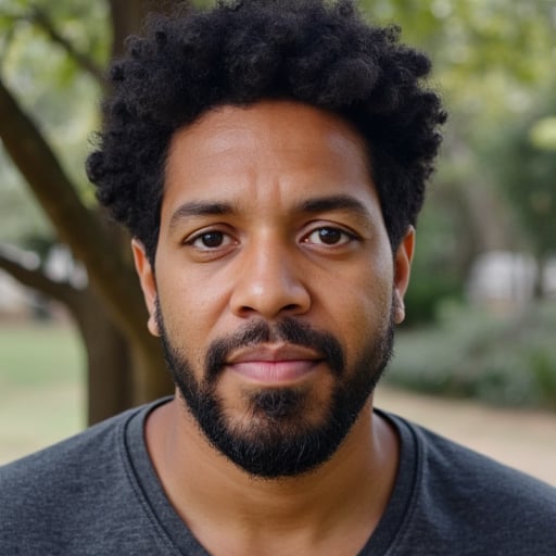 A photograph of a 55-year-old African-American man with dark curly hair standing in front of a tree.