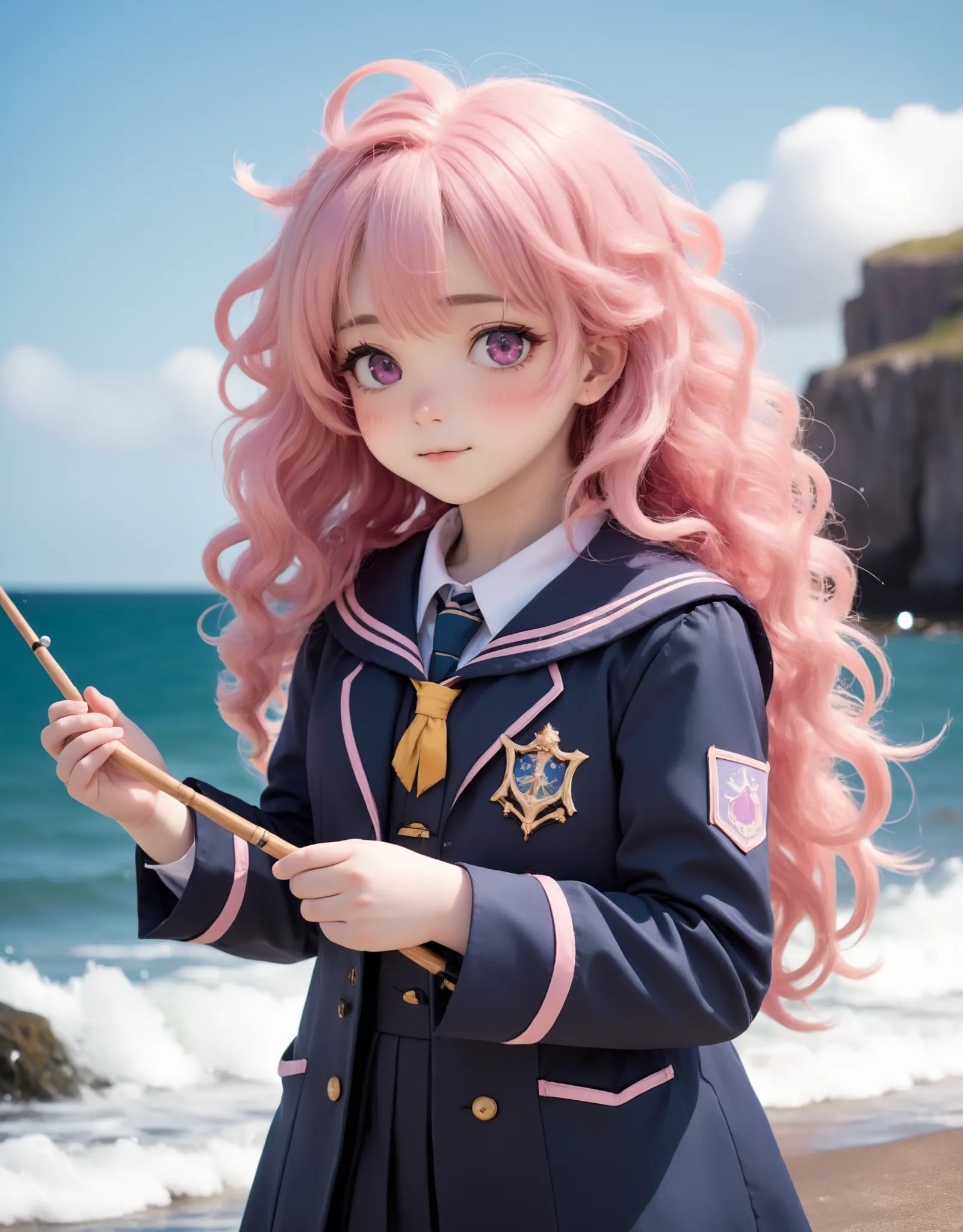 A photo of a girl with fluffy, slightly curly, long pink hair, wearing the uniform of a magic academy, enjoying fishing by the seaside.