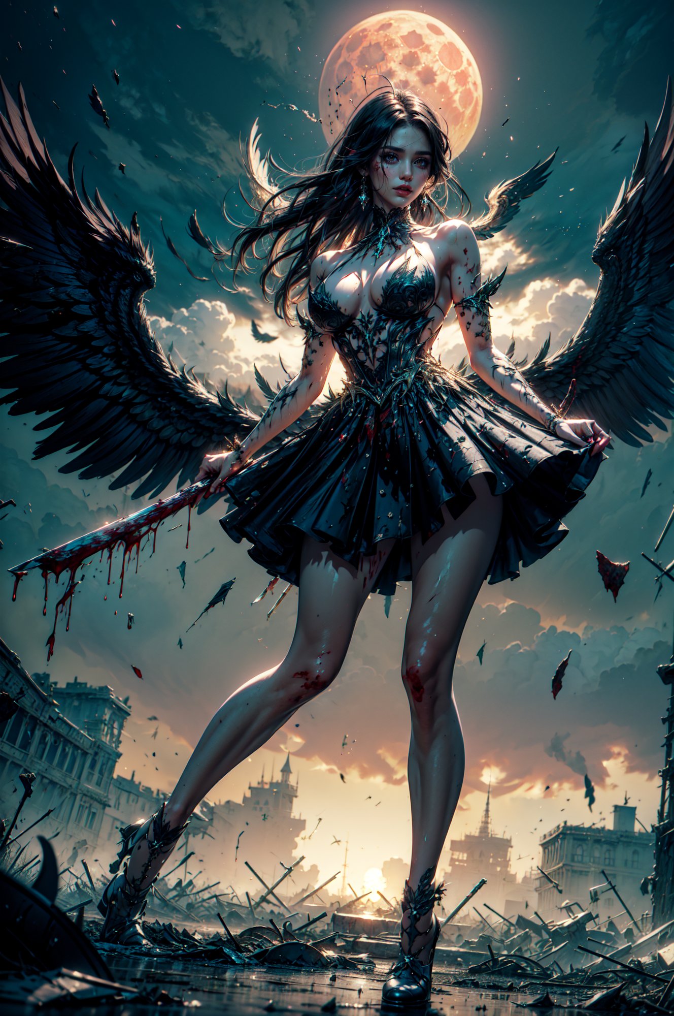 Stunning girl wearing a black LAstargalaxydress, (black dress:1.4), hair moved by wind, (black hair), beautiful red eyes, long hair, <lora:LAstargalaxydress:0.65> , (large black wings), (falling feathers), halo, (ornaments_earrings:1.1), large breasts, (torn clothes:1), ((battle worn, tired, bloody. blood splashes):1.3), BREAK,(masterpiece), perfect anatomy, intricate, (highly detailed), photorealistic, perfect anatomy, cinematic lighting, shading, best quality, ultra-detailed, (illustration), looking at viewer,  (extremely detailed dress design), fantasy theme, dynamic pose, stunning details, (heavenly background:1.3), (dark theme:1.3), (battle, red moon, horror), <lora:clothing_explosion_lora01:0.6> <lora:angelx_halo_lora01:0.3>