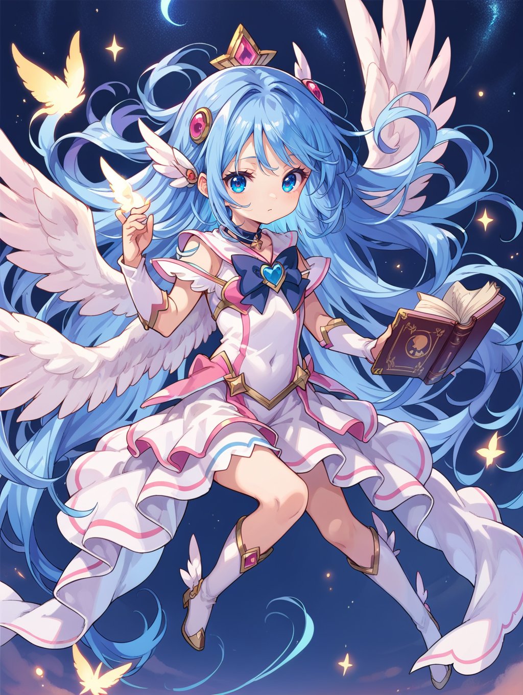 score_9, score_8_up, score_7_up,night sky,solo,detached wings,magical girl, blue hair, very long hair, floating,one hand holding book, 