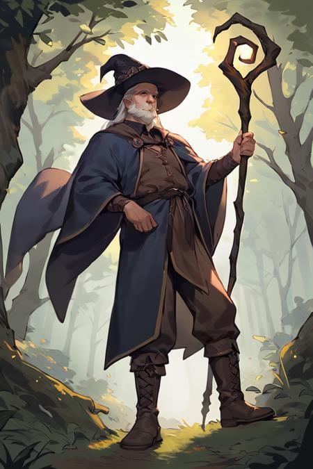 score_9, score_8_up, score_7_up, wizard, old, 1boy, old man, male focus, hat, beard, solo, staff, witch hat, facial hair, forest, nature, robe, long hair, looking at viewer, tree, holding, white hair, outdoors, holding staff, boots <lora:Smooth Anime 2 Style SDXL_LoRA_Pony Diffusion V6 XL:1>