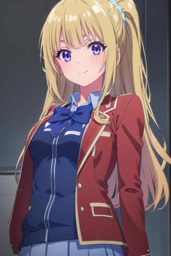 keikaruizawa, <lora:kei karuizawa s2-lora-nochekaiser:1>, kei karuizawa, long hair, bangs, blunt bangs, (purple eyes:1.1), blonde hair, shirt, hair ornament, ponytail, scrunchie, blue scrunchie, smile,BREAK skirt, shirt, bow, school uniform, jacket, (red jacket:1.2), pleated skirt, bowtie, sweater, (blue bow:1.2), (blue shirt:1.2),BREAK indoors, classroom,BREAK looking at viewer, (cowboy shot:1.5),BREAK <lyco:GoodHands-beta2:1>, (masterpiece:1.2), best quality, high resolution, unity 8k wallpaper, (illustration:0.8), (beautiful detailed eyes:1.6), extremely detailed face, perfect lighting, extremely detailed CG, (perfect hands, perfect anatomy),