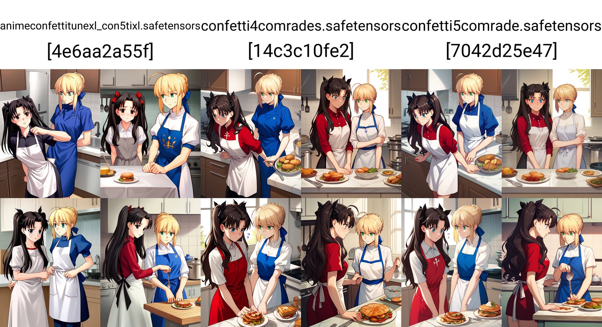 score_9, score_8_up, score_7_up, score_6_up, score_5_up, score_4_up, source_anime,2girls, kitchen, apron, sweatdrop, busy, worried BREAK tohsaka rin BREAK artoria pendragon \(fate\), saber