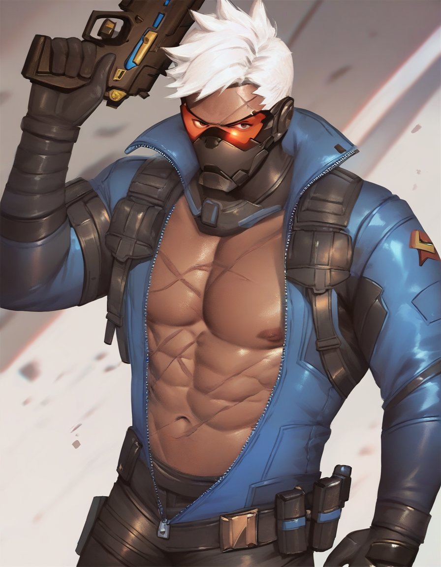 score_9, score_8_up, score_7_up, score_6_up, score_5_up, score_4_up, soldier 76 \(overwatch\), overwatch, overwatch 1, 1boy, abs, bara, bare pectorals, black pants, blue eyes, blue jacket, gloves, gun, handgun, holding, holding gun, holding weapon, jacket, looking at viewer, male focus, mask, muscular, muscular male, navel, nipples, open clothes, open jacket, pants, pectorals, scar, scar on chest, scar on face, short hair, solo, thigh strap, visor, weapon, white hair, zipper <lora:penguin-frontier-Pony-XL-v6:1>