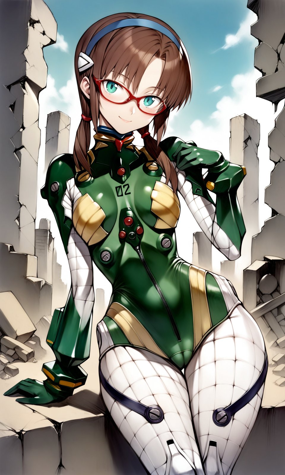 solo, 1girl, maritest, aqua eyes, hairband, brown hair, red-framed eyewear, plugsuit, bracer, quilted bodysuit, thick thighs, wide hips, looking at viewer, light smile, outdoors, ruins, masterpiece, absurdres, by nyatabe, by (mogudan:0.6), <lora:MariTestSuit_XL:1><lora:Nyatabe_XL:0.65> <lora:Fixhands_anime_bdsqlsz_V1:1> 