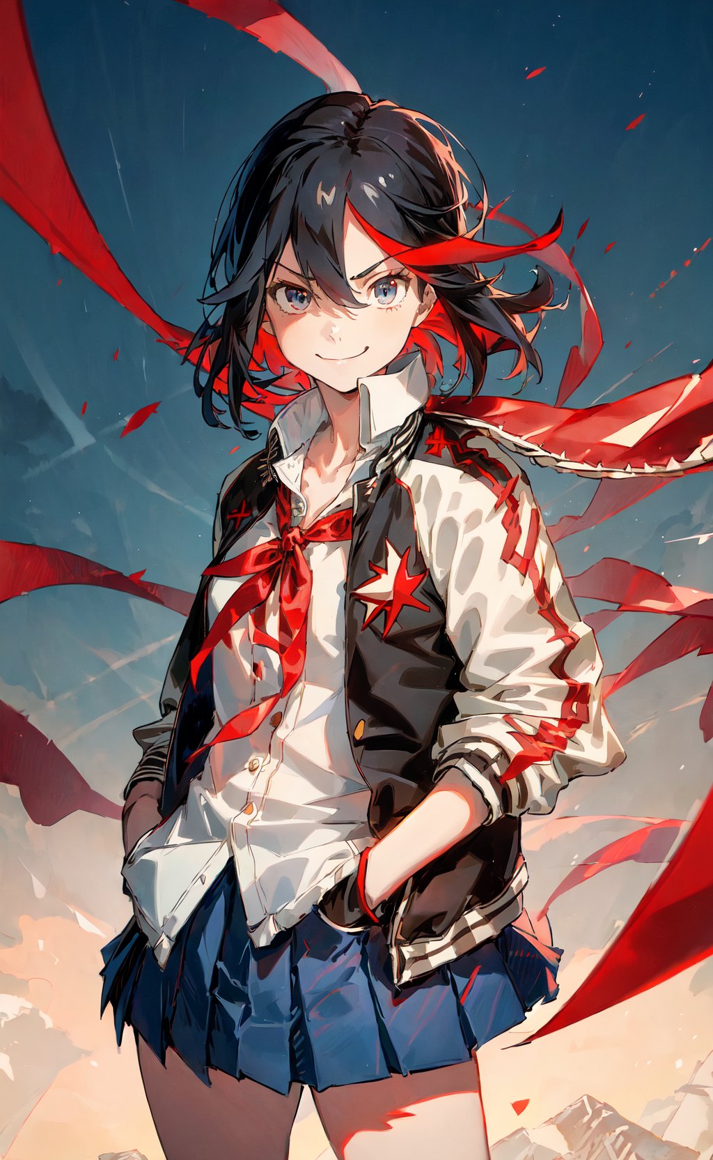 masterpiece, best quality, 1girl, solo, matoi ryuuko, blue skirt, hands in pockets, letterman jacket, looking at viewer, neck ribbon, open jacket, pleated skirt, red ribbon, ribbon, shirt, simple background, skirt, smile, solo, white shirt, <lora:MatoiRyuukoV3:0.7>