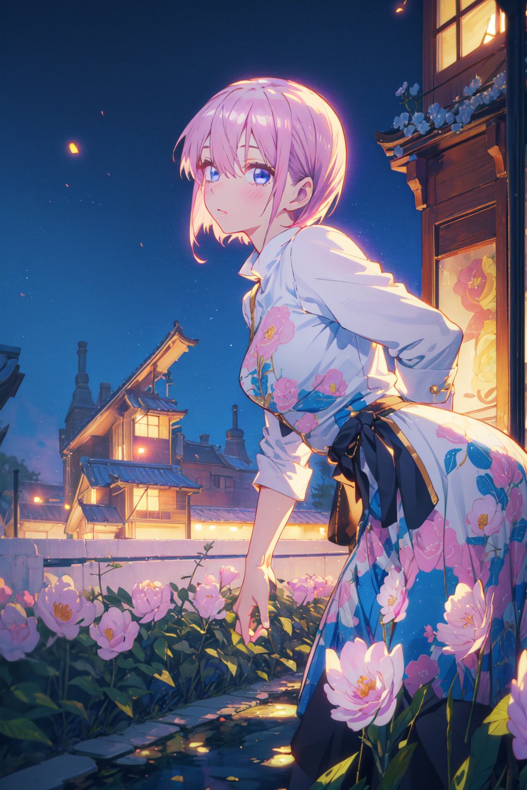 1girl,looking at viewer,solo,short hair,bangs,hair between eyes,pink hair,blue eyes,<lora:Ichika (3):0.8>,Ichika_CYQL,(seductive_smile,leaning forward,cowboy_shot,from_side:1.1),Playful fit-and-flare dress with a flouncy skirt and a whimsical print,beautiful face,beautiful eyes,glossy skin,shiny skin,Tulips, Fields, Colors, Spring, Windmill, Horizon, Serenity, Beauty,Climbing roses, Snow-covered cottage, Winter garden, Snowflakes, Winter wonderland, English charm,beautiful detailed sky,beautiful detailed glow,masterpiece,best quality,beautiful and aesthetic,contrapposto,female focus,fine fabric emphasis,wallpaper,fashion,<lora:增强减少细节add_detail:0.4>,