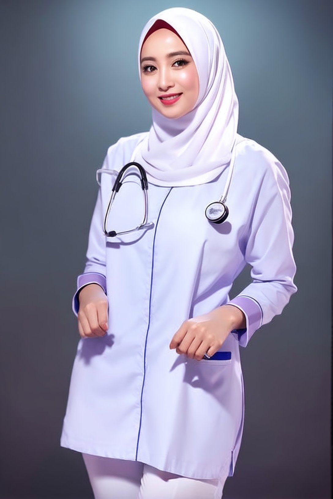 bidan, midwife, hijabidan, super realistic 3/4 shot, passionate pose, professional photography portrait of a 30 year old nurse woman in the sofa, very realistic skin, very wet clothes, cinematic lighting,(very original hijab Batik fabric details), glasses, holding a stetoscope, (( white Tunics transparent nurse uniform)), nurse Tunics long slave, tight cotton nurse uniform,  (big hips: 1.3), smiling, looking at the camera, (masterpiece :1.0), (best quality: 1.0), beautiful, (intricate details), unity 8k wallpaper, very detailed and really brightens up the realistic room,< lora:hijab:0.4> SkinDetail <lora:hijabidan:0.7>