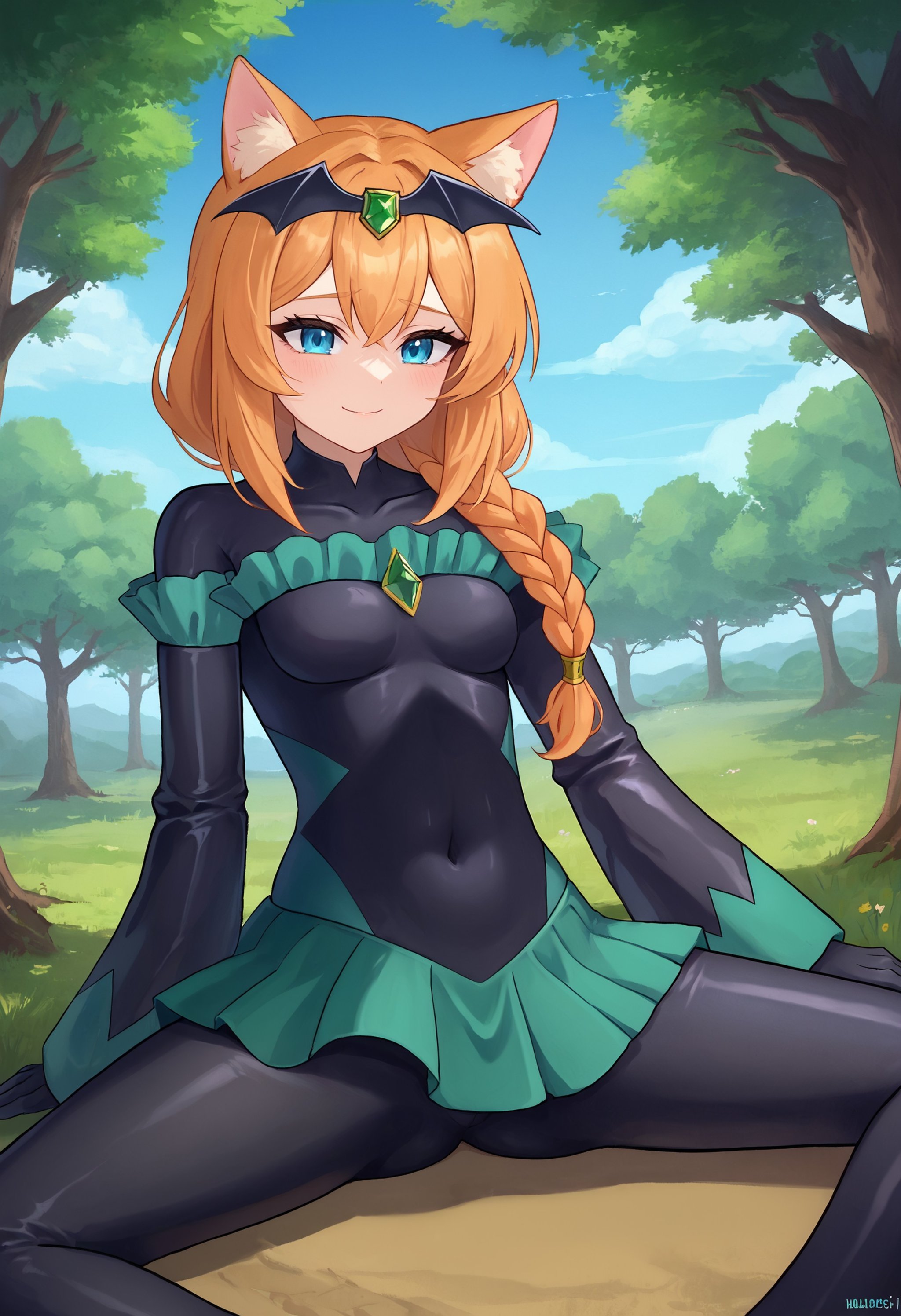 zPDXL, 1girl, solo, BREAKmari iochi, long hair, blue eyes, animal ears, orange hair, single braid,black badend-bodysuit, badend-tiara, green skirt, green frills, green gem, gloves,wariza, w sitting, spread legs, outdoors, tree, blue sky,<lora:bad-end-ot14-1701:0.8> <lora:mari-iochi-ponyxl-lora-nochekaiser:0.5>  <lora:Wariza__Concept_Lora:0.8> 