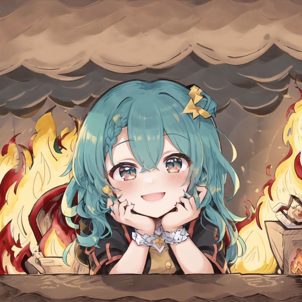 thisisfine, 1girl, teal hair, multiple braids, cute, staying positive, smiling, surrounded by flames, fire, sitting  <lora:thisisfineV3-000003:0.7>