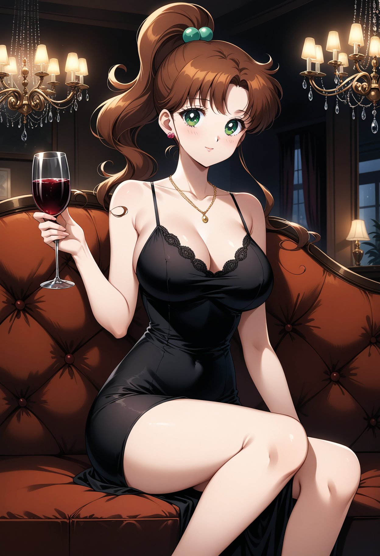 (masterpiece, best quality, very aesthetic, ultra detailed), intricate details, 4k, aajupiter, long hair, brown hair, ponytail, hair bobbles, earrings, green eyes, <lora:sailor_jupiter_animaginexl_v2:0.9>, taut dress, spaghetti strap, sleeveless, sitting, necklace, indoors, sofa, chandelier, holding cup, wine glass