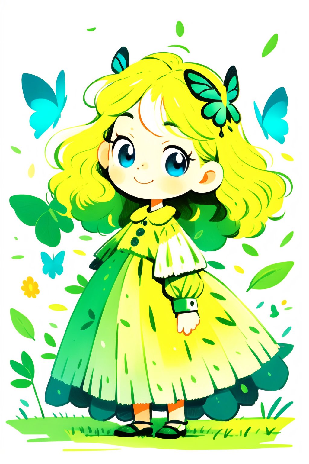 <lora:pencil style-7:0.8>,guchen,a girl,pencil style,white background,simple background,chibi,cute,Full body, grass,smiling,detailed eyes,detailed lips,long eyelashes,bright blue eyes,blonde hair,wearing a lovely dress,flowers,butterflies,