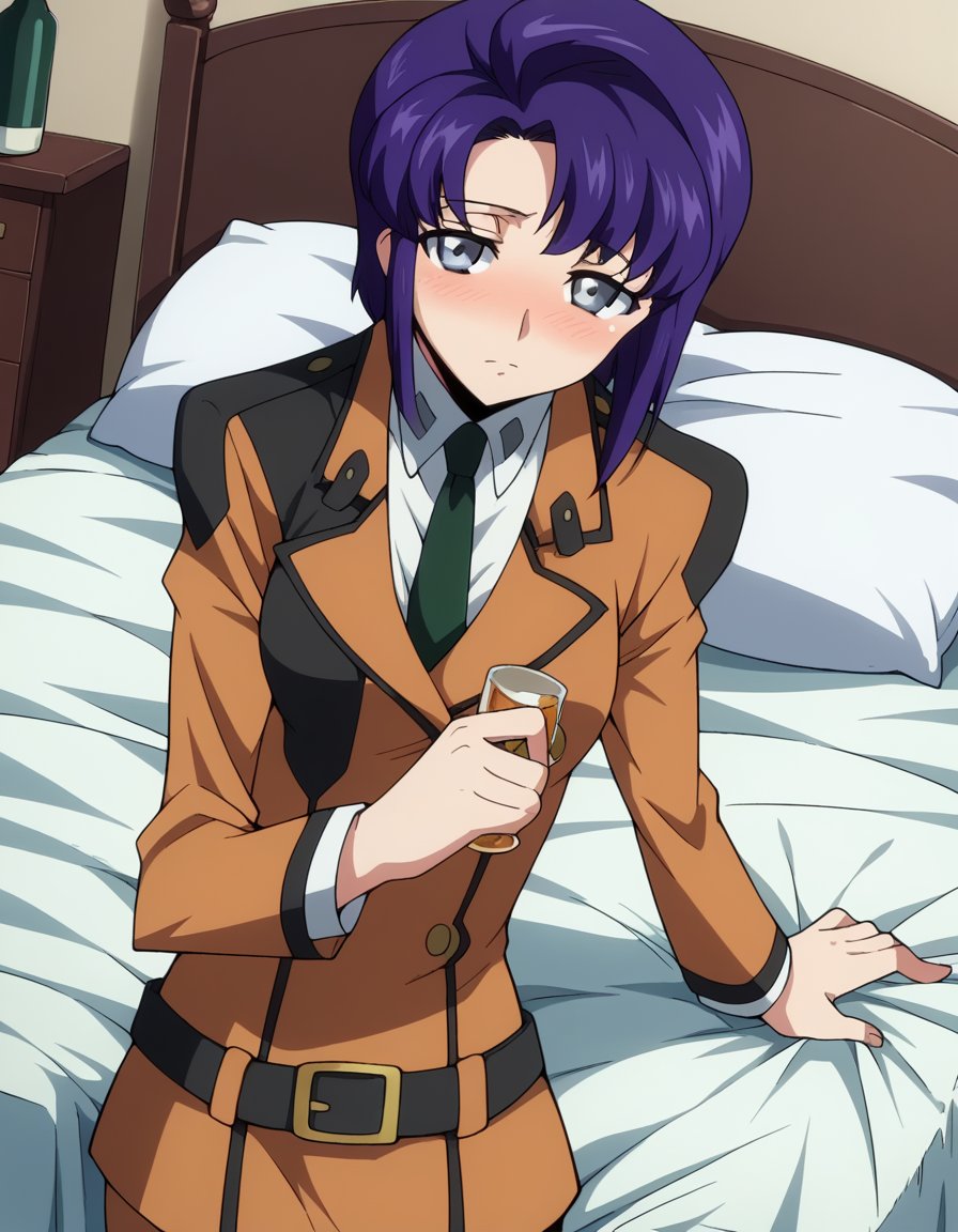 score_9, score_8_up, score_7_up, source_anime,cecilecroomy, <lora:cecile-croomy-s1-ponyxl-lora-nochekaiser:1>,cecile croomy, short hair, grey eyes, purple hair,necktie, belt, uniform, military, military uniform,indoors, bed, bed room, on side, blush, drunk,looking at viewer, dutch angle, cowboy shot, solo,