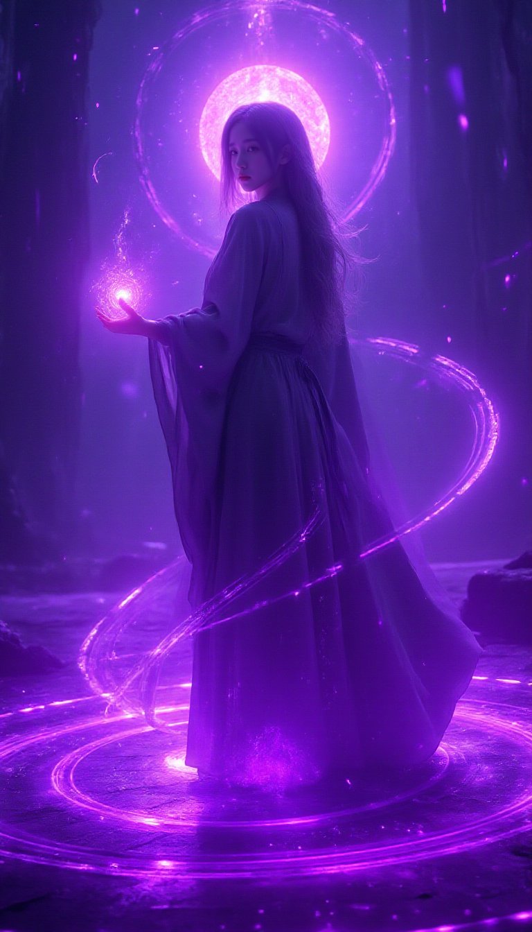 <lora:FL-bailing-24-0831magic array-000009:0.8>,bailing_magic_circle,The girl was surrounded by magic arrays,A highly detailed masterpiece in high fantasy style,showing a sorceress in a flowing wizard robe radiating a mysterious purple glow. On a forgotten stone platform,she stands with confidence,holding a floating magic circle that emits radiant violet energy. The cinematic shot captures her intricate features—her long hair braided into a single plait,gently swaying in the breeze,and her eyes shimmering with depth as she calmly casts a powerful spell. The purple magic array reflects on her face,and an imposing water elemental made of shimmering liquid rises before her,ready to obey her command. The glowing spell circles and reflective light from the magic array beneath her illuminate the magical landscape,creating a breathtaking scene that feels like a dream of purple enchantment. The vivid details of the scene,from the magic circle to the stone platform,make the setting hyper-realistic,as though captured through a cinematic lens.,