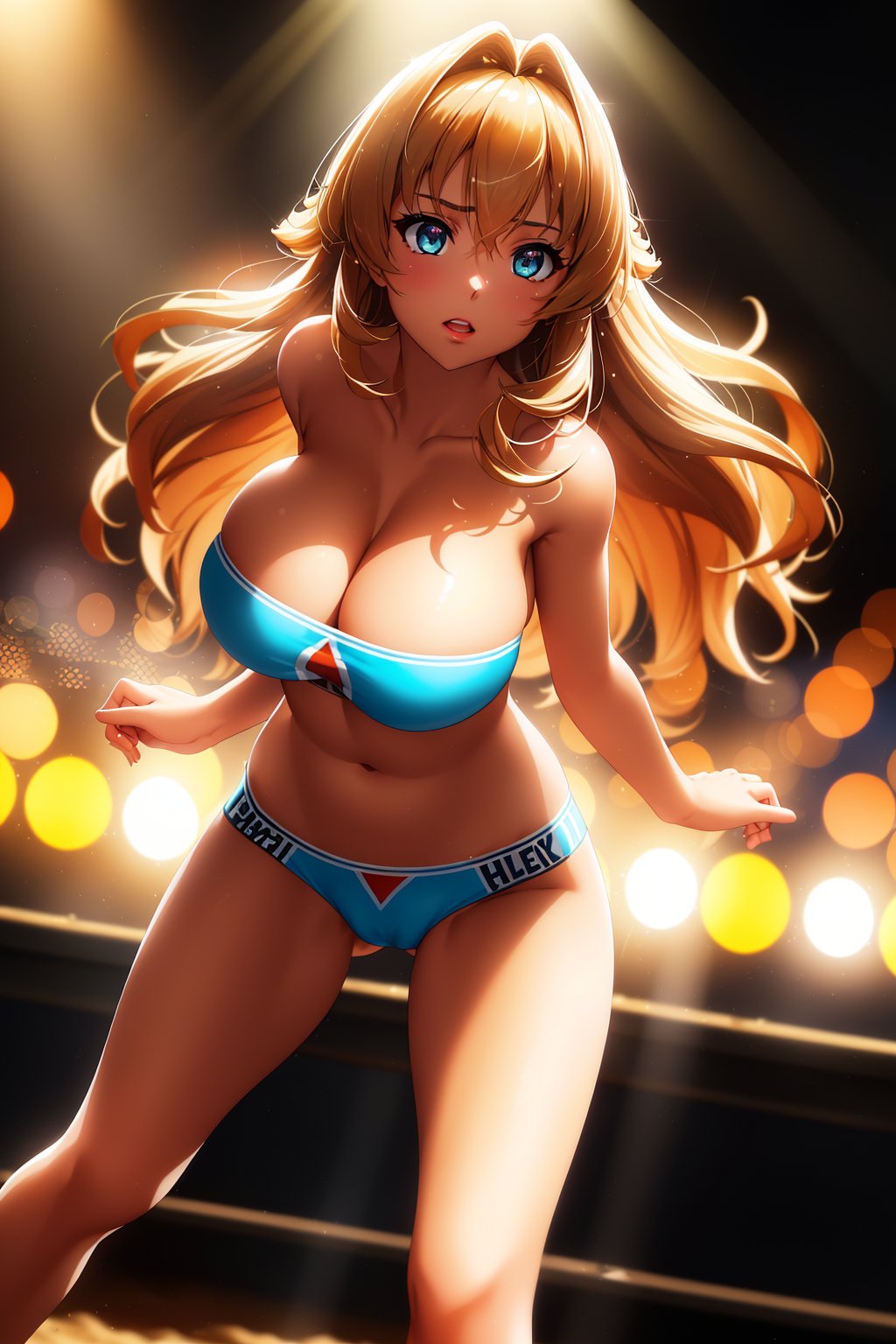 huge breasts, cleavage, bandeau, fcPortrait ,<lora:Bandeau-fC-V1:1>, 1girl, rave festival, night, light rays, edc, rave, highres, lens flare, led, masterpiece, cinematic lighting, perfect skin, long vivid colorful hair, toned, cameltoe, breast focus, legs focus