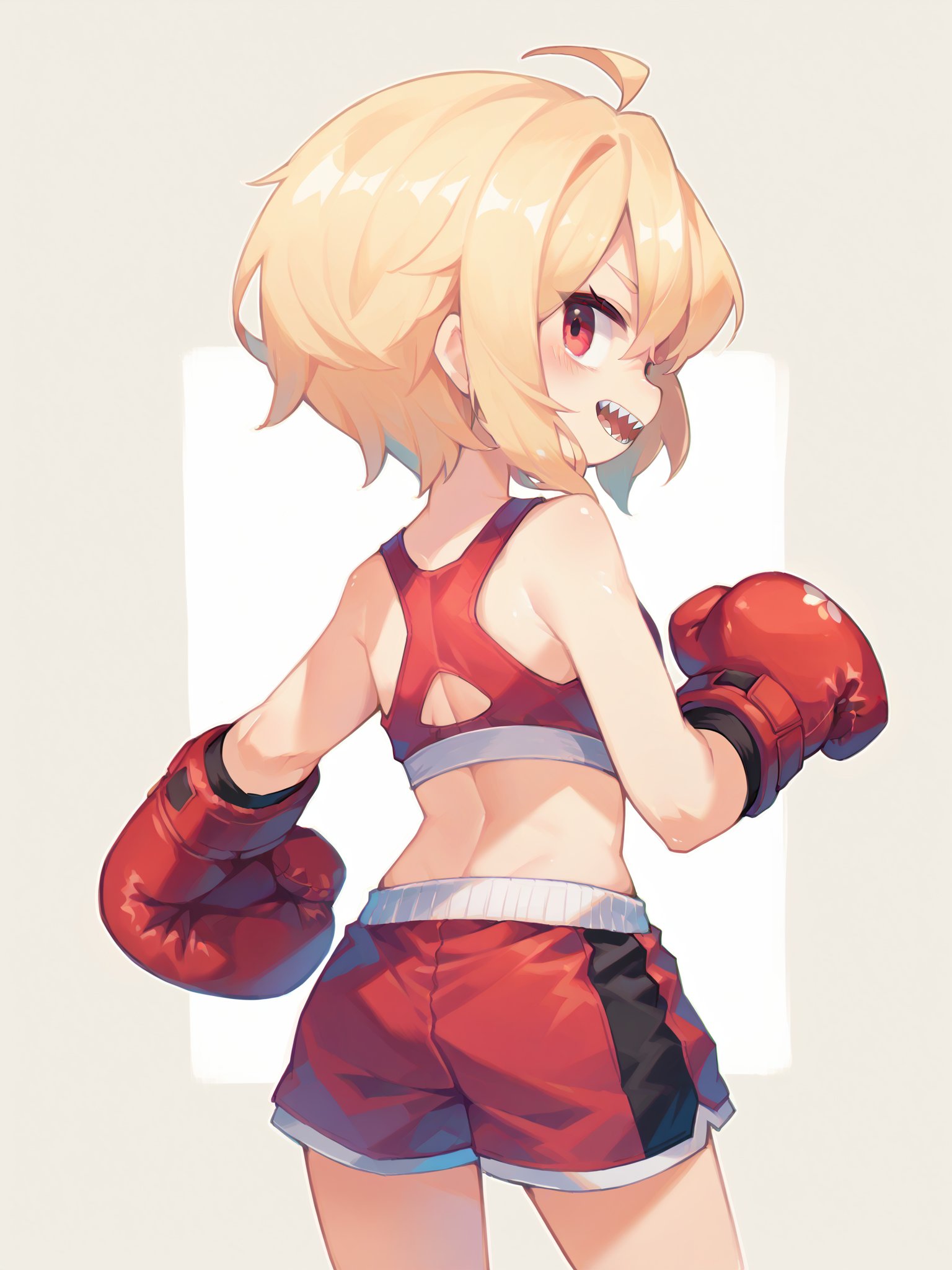 score_9, score_8_up, score_7_up, score_6_up, score_5_up, score_4_up, source_anime, rating_safe, embedding:zPDXL2, 1girl, solo, from behind, looking at viewer, sharp teeth, sports bra, red boxing gloves, shorts,