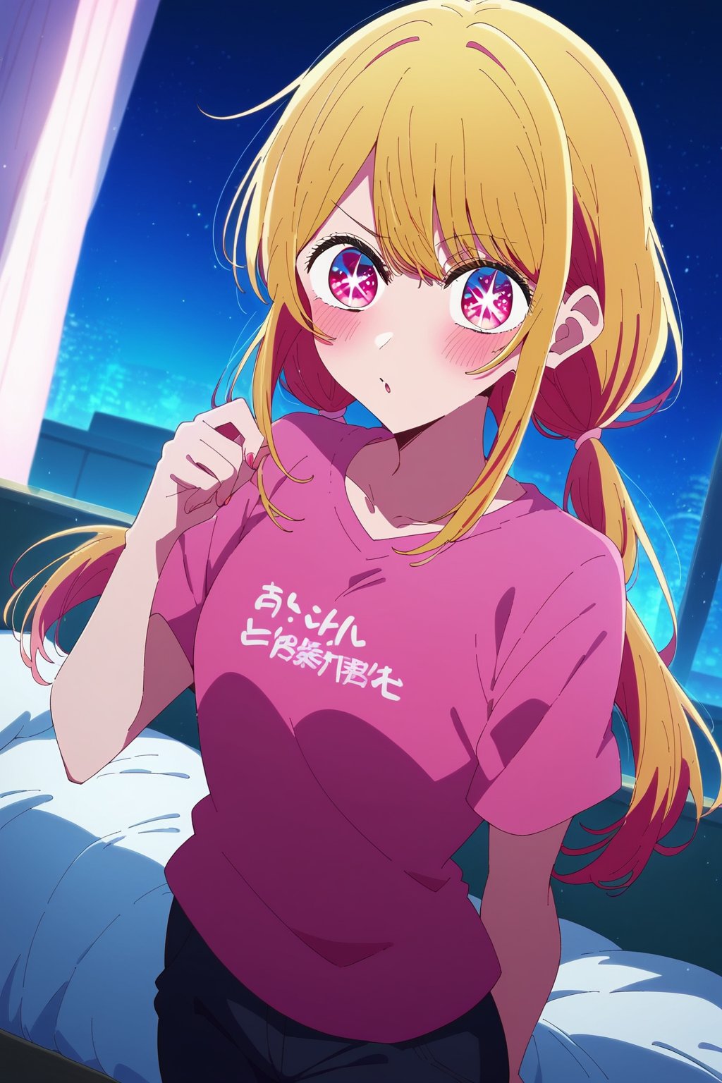 score_9, score_8_up, score_7_up, source_anime,rubyhoshino, ,ruby hoshino, long hair, bangs, blonde hair, pink eyes, sidelocks, symbol-shaped pupils, multicolored hair, two-tone hair,shirt, twintails, pants, low twintails, t-shirt, clothes writing, pink shirt,indoors, bed, bed room, on side, blush, drunk,looking at viewer, cowboy shot, dutch angle, solo, night, starry_night, neon lights<lora:EMS-417071-EMS:0.700000>, <lora:EMS-425143-EMS:1.000000>