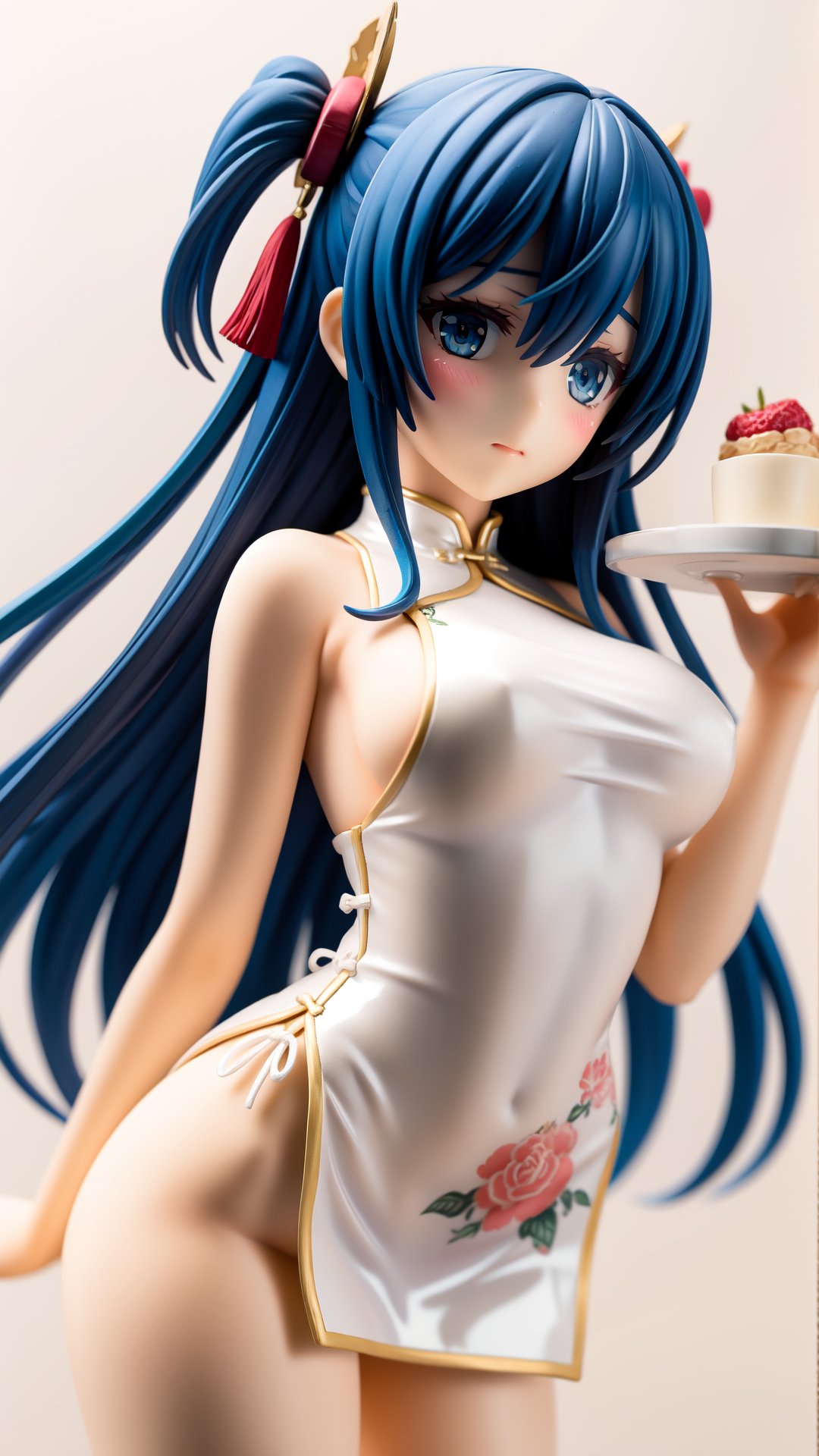 best quality,masterpiece,realistic,1girl, alternate costume, bamboo steamer, bare arms, bare shoulders, blue eyes, blue hair, blush, breasts, china dress, chinese clothes, closed mouth, cross-laced clothes, cross-laced dress, dress, embarrassed, full-face blush, holding, holding tray, large breasts, long hair, looking at viewer, nose blush, parted bangs, simple background, skindentation, solo, thick thighs, thighs, tray, triangle hair ornament, two side up, white background, white dress, sideboob, print dress, sleeveless, very long hair, sleeveless dress, floral print, no panties, sideless outfit, cowboy shot, hair between eyes, hand up, curvy, hair ornament, pelvic curtain