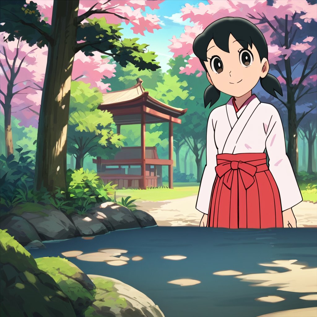 score_9, score_8_up, score_7_up, score_6_up, score_5_up, score_4_up, source_anime,minamoto shizuka,1girl, solo, japanese clothes, black hair,miko, black eyes, smile, twintails, outdoors, hakama, looking at viewer, skirt, short hair, day, short twintails, hakama skirt, tree, red hakama, long sleeves,masterpiece, perfect face, best quality, beautiful girl, cute girl, beautiful eyes, shiny eyes, anime coloring, anime screencap, absurdres, outdoors, <lora:minamoto shizuka dskb 920:1>