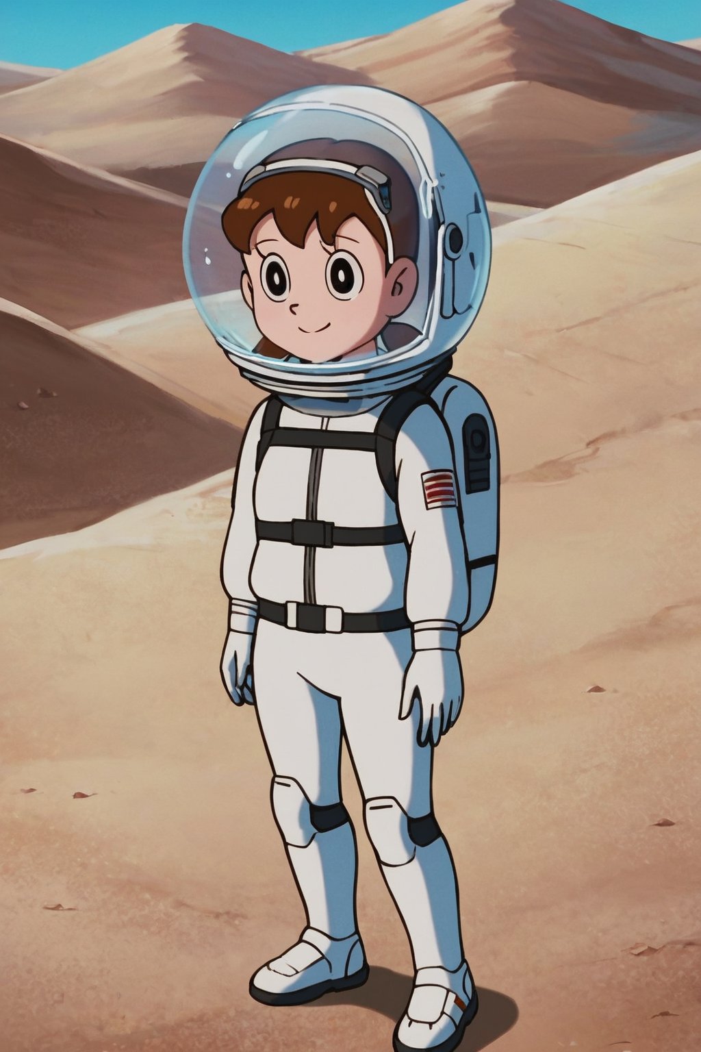 score_9, score_8_up, score_7_up, score_6_up, score_5_up, score_4_up, source_anime,minamoto shizuka, brown hair, twintails, cowboy shot, 1girl, solo, smile, Girl in a spacesuit stepping onto the surface of Mars, Earth visible in the distance, vast red landscape, futuristic colony in the background, sense of wonder and exploration, epic sci-fi scene, hyper-realistic detail,masterpiece, perfect face, best quality, beautiful girl, cute girl, beautiful eyes, shiny eyes, anime coloring, anime screencap, absurdres, <lora:minamoto shizuka auti 918:0.7>