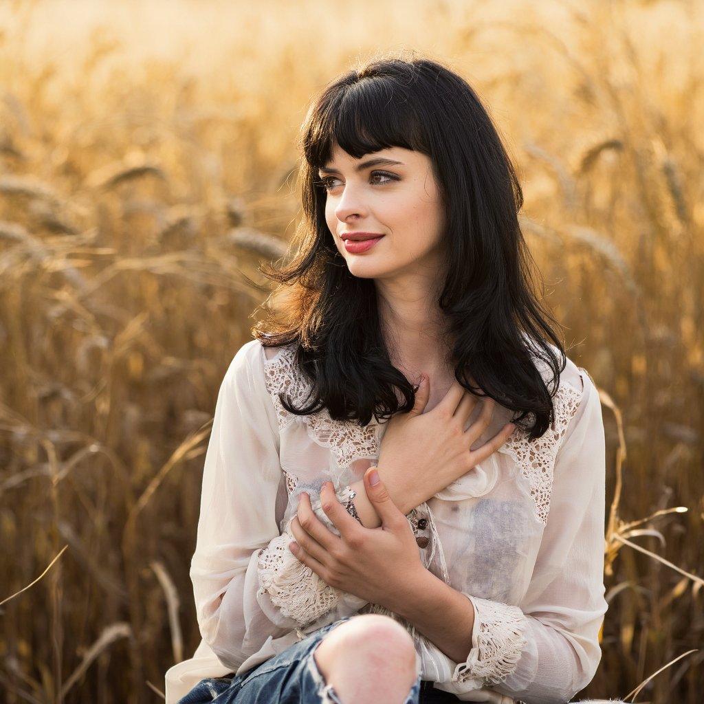 A portrait of krysten_ritter seated in a field of tall, golden wheat stalks. She wears a white, loose-fitting blouse with intricate lace detailing. Her long, wavy hair flows down her shoulders, and she holds her hands gently to her chest. The sun casts a warm, golden glow on the scene, highlighting the textures of the wheat and the woman's clothing. The background is blurred, emphasizing the subject. The image conveys a serene and contemplative mood.