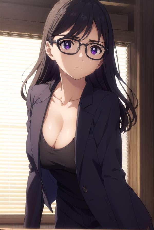 hizuruminakata, <lora:hizuru minakata s1-lora-nochekaiser:1>,hizuru minakata, long hair, black hair, glasses, (purple eyes:1.1), black-framed eyewear,BREAK shirt, gloves, cleavage, collarbone, jacket, black gloves, pants, black jacket, black shirt, black pants, formal, suit,BREAK outdoors,BREAK looking at viewer,BREAK <lyco:GoodHands-beta2:1>, (masterpiece:1.2), best quality, high resolution, unity 8k wallpaper, (illustration:0.8), (beautiful detailed eyes:1.6), extremely detailed face, perfect lighting, extremely detailed CG, (perfect hands, perfect anatomy),