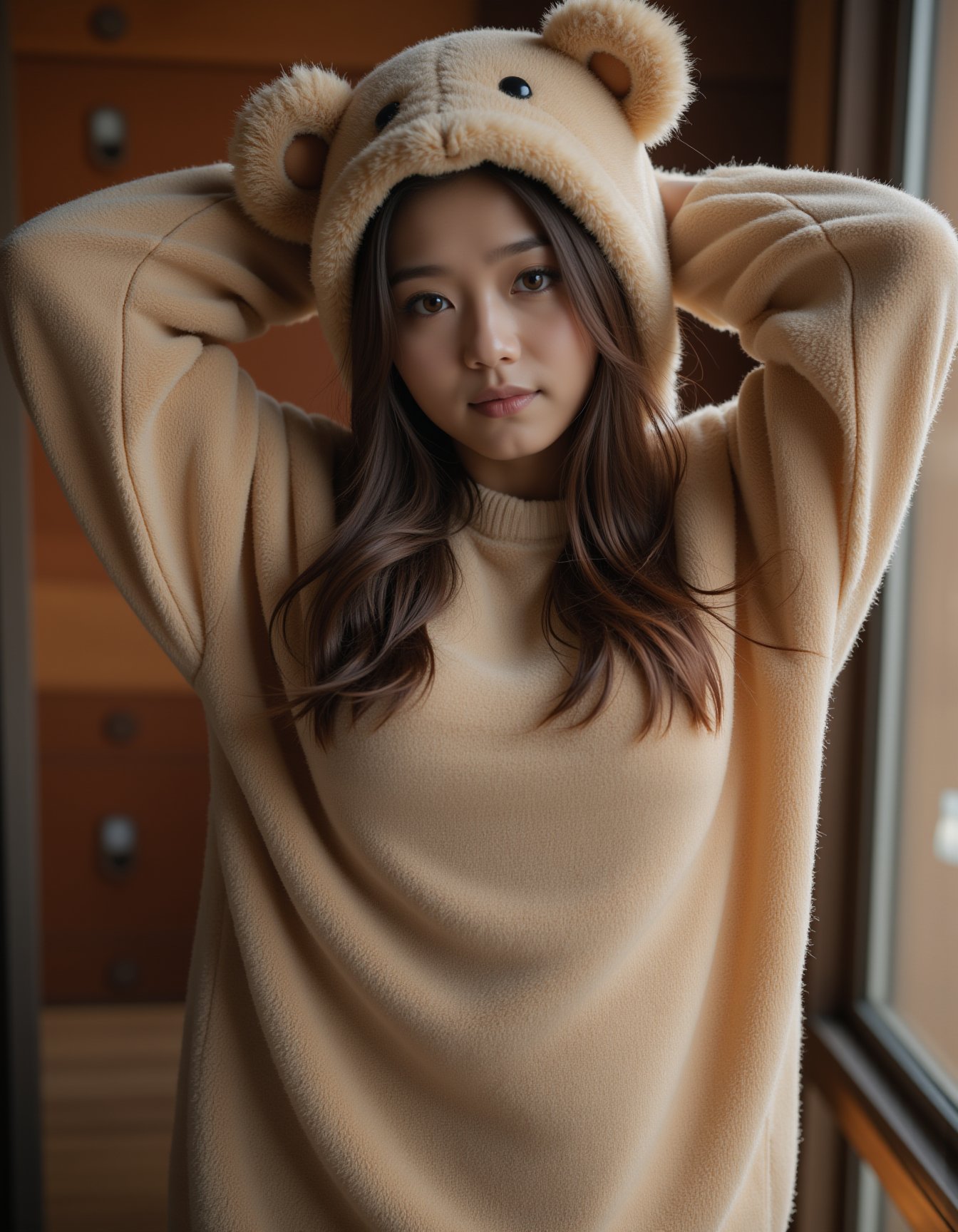 best quality, masterpiece, realism, realistic, long sweater fur-suit with bear costume, hands behind the head, cheats cutout, analogue photo of adult girl in costume, looking at viewer, long hair, extremely beautiful detailed face, medium breasts, (cute face, temptations look), eye level, professional photo, high contrast exposure, soft bokeh, high key light, hard shadow, soft bokeh, playful theme,