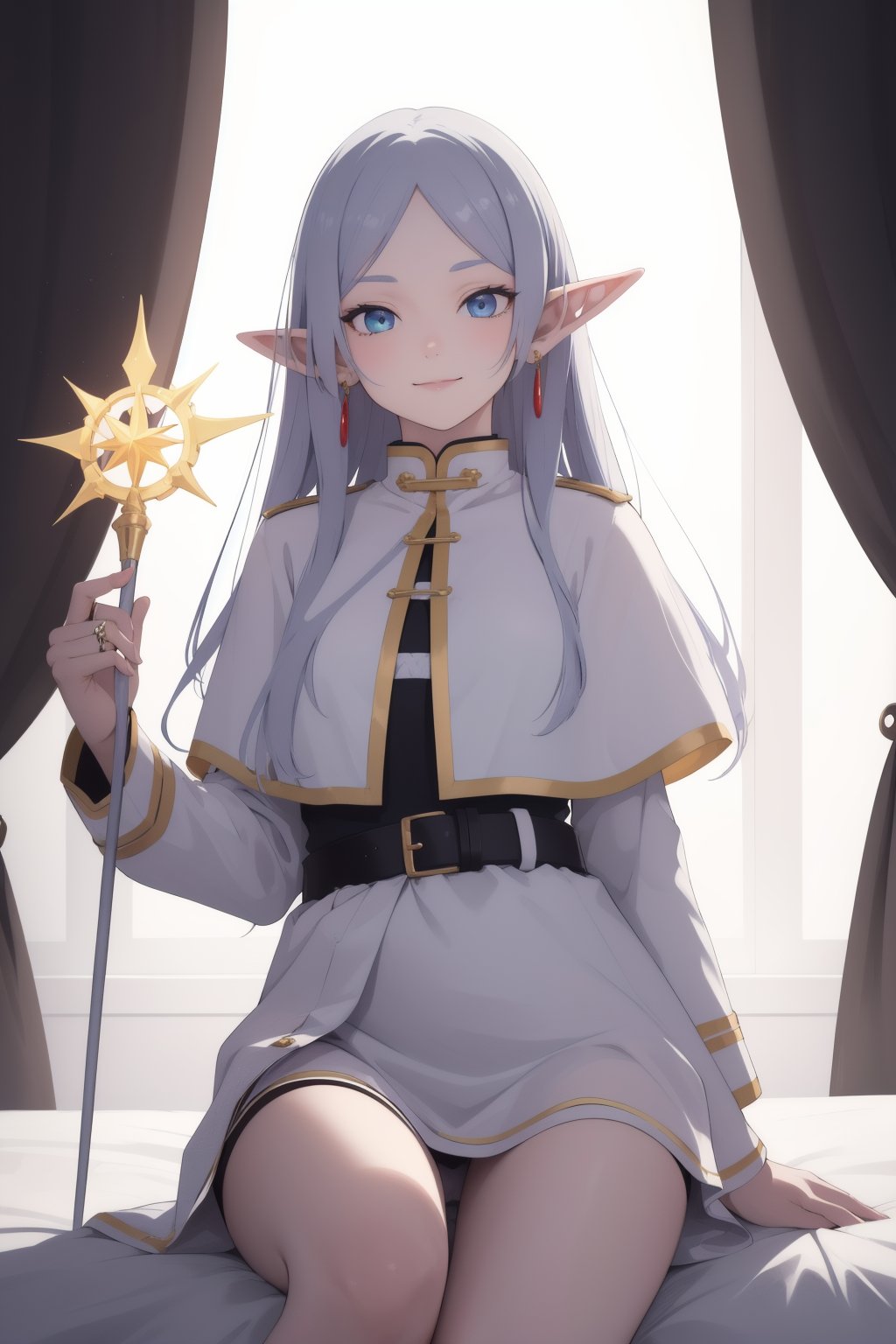 1girl,belt,capelet,closed mouth,earrings,elf,flower,frieren,holding,holding staff,jewelry,light rays,long hair,long sleeves,looking at viewer,on bed,outdoors,parted bangs,pointy ears,ribs,ring,shirt,smile,solo,wagashi,white capelet,white dress ,sexy pose, chinese clothes,dress,panties,see-through,skirt,solo,illustration of a anime girl imagination,art brut,polychromatic neon,phantasmagoria,vray,polychromatic noir,hyperrealistic photo by Seebas Apterus and Larry Bell art,blending,smooth,serious,detailed expressions,artstyle,detailed eyes,HDR,UHD,64k,RTX,sharp,sharp focus,highly detailed,intricate detail,professional,artistic flow,ultra detailed,high resolution photography,(bright colors),<lora:lbc_Frieren24324_v1.0:1>,