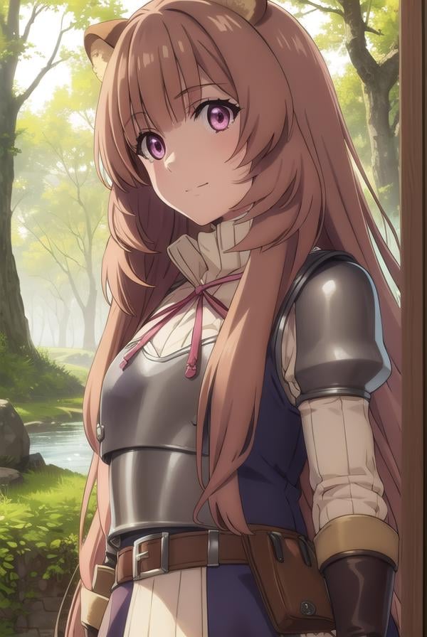 raphtalia, <lora:raphtalia s3-lora-nochekaiser:1>,raphtalia, long hair, bangs, brown hair, animal ears, raccoon ears, raccoon tail, raccoon girl, (pink eyes:1.3), smileBREAK long sleeves, sweater, ribbed sweater, puffy sleeves, breastplate, ribbon, red ribbon, gauntlets, glove, brown gloves, belt, skirt, armor,BREAK outdoors, forest, nature, sun, sky, trees, clouds, grass,BREAK looking at viewer, (cowboy shot:1.5),BREAK <lyco:GoodHands-beta2:1>, (masterpiece:1.2), best quality, high resolution, unity 8k wallpaper, (illustration:0.8), (beautiful detailed eyes:1.6), extremely detailed face, perfect lighting, extremely detailed CG, (perfect hands, perfect anatomy),