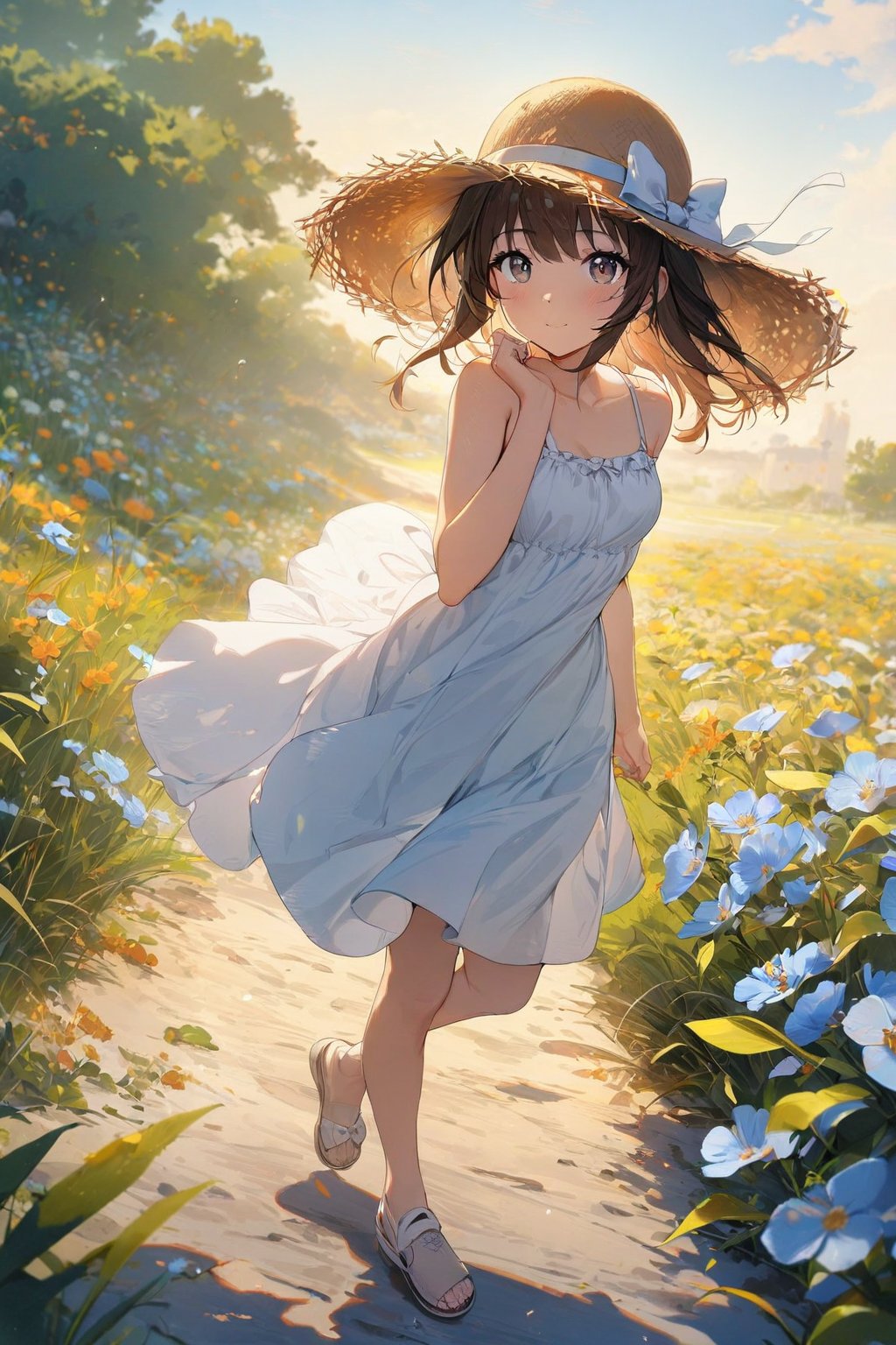 1girl,beautiful,looking at viewer,cute,full body,flowers,straw hat,sundress,wind,masterpiece,very aesthetic,extremely detailed,best quality,