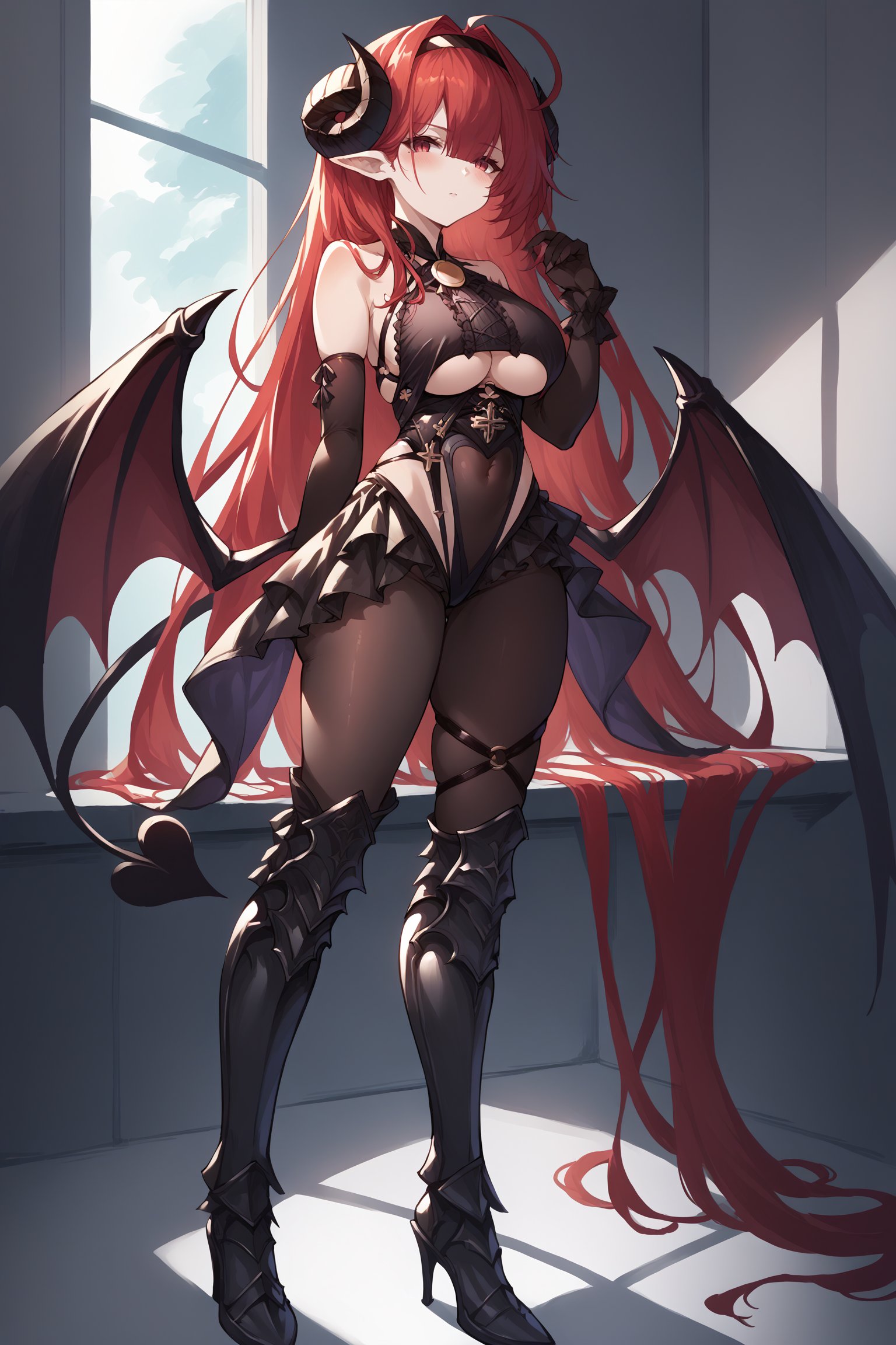 score_9, score_8_up, score_7_up, , rating_explicit,nsfw,1girl ,hinsd, ahoge, hair between eyes, absurdly long hair, mole under eye, o-ring, center cross lace, sideboob, demon horns, demon tail, low wings, pointy ears, black elbow gloves, hairband, frilled leotard, brooch, bodystocking, clothing cutout, underboob cutout, covered navel, thighhighs, miniskirt, thigh strap, greaves,  armored boots, high heels, source_anime, <lora:HindenburgPDCAME AL:1>, <lora:GBFSplashArtXLPDv2:1>, gbsa, splash art, see-through, indoors, facing viewer,