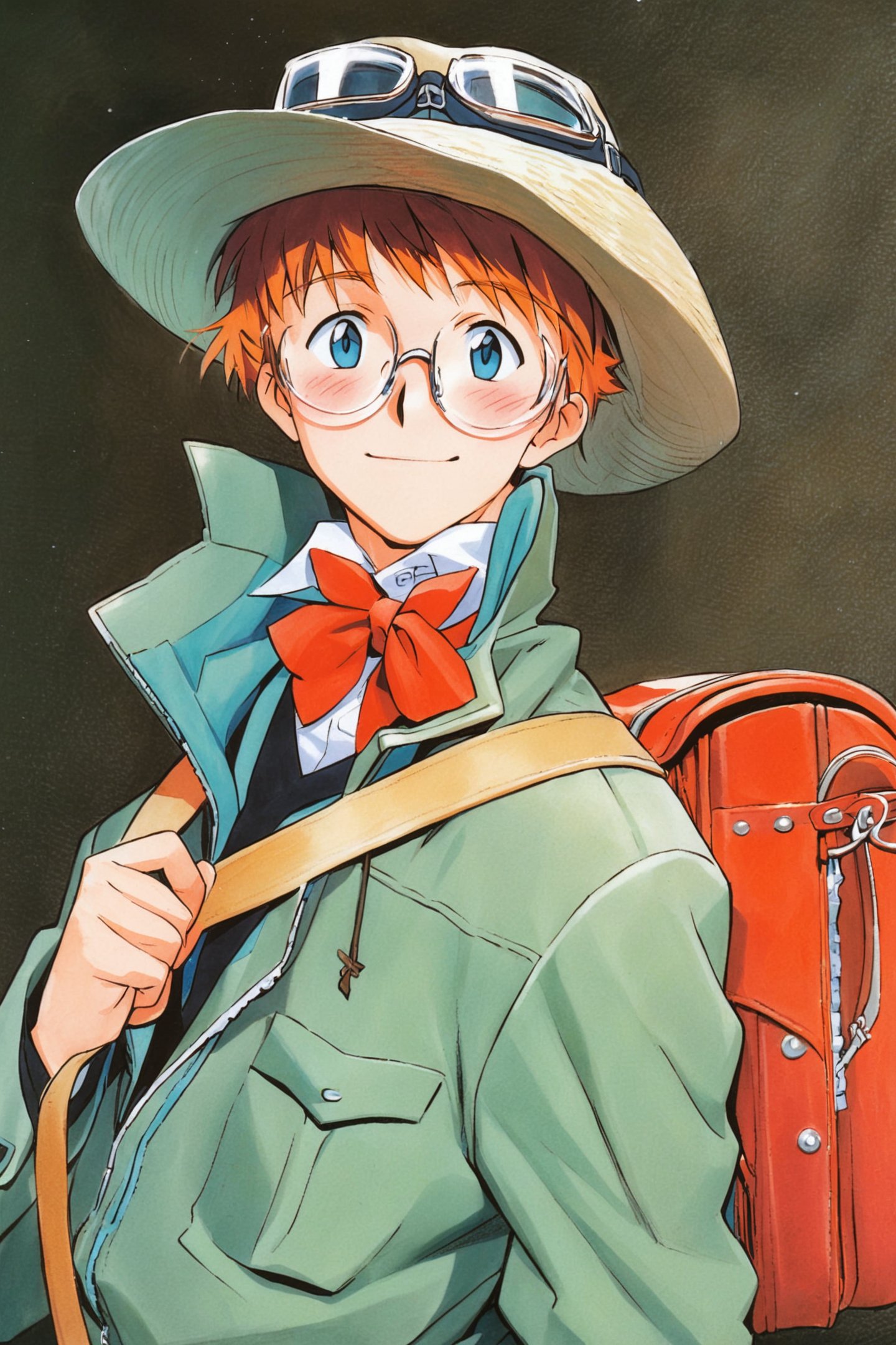 Jean Roque Lartigue,1boy,solo,hat,goggles,glasses,male focus,bow,blue eyes,traditional media,smile,bowtie,orange hair,blush,jacket,backpack,bag,upper body,traditional media,<lora:Sadamoto Yoshiyuki_XL_kohaku:0.8>,