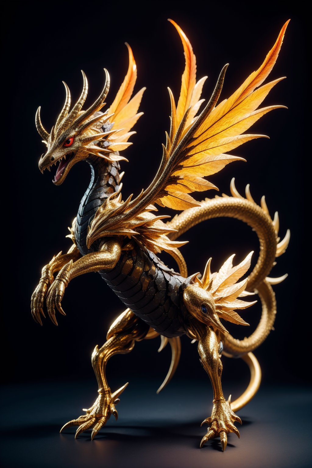 (photorealistic:1.4),(Realistic:1.2), no humans, sharp teeth, solo, pokemon \(creature\), teeth, red eyes, claws, open mouth, fire, tail, black background, simple background, horns, full body, colored sclera, wings, dragon, black sclera, monster, from side, standing, non-humanoid robot, animal focus, shadow, fangs
