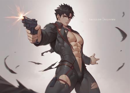 score_9, score_8_up, score_7_up, best quality, highest scoremuscular male, beautiful, body suit, looking at viewer, damaged clothing, aiming a gun<lora:Melowh_Artist_Style_PonyXL:1>