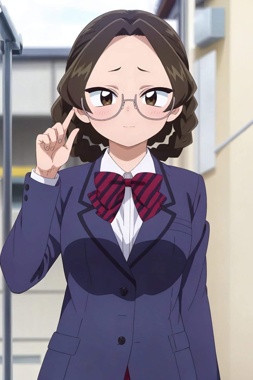 Mikuni Katou, (8k, HD), 1girl, solo, looking at viewer, blush, short hair, shirt, black hair, bow, school uniform, jacket, white shirt, upper body, braid, glasses, striped, bowtie, blurry, brown eyes, red bow, twin braids, blurry background, blazer, blue jacket, semi-rimless eyewear, forehead, under-rim eyewear<lora:EMS-468290-EMS:0.800000>