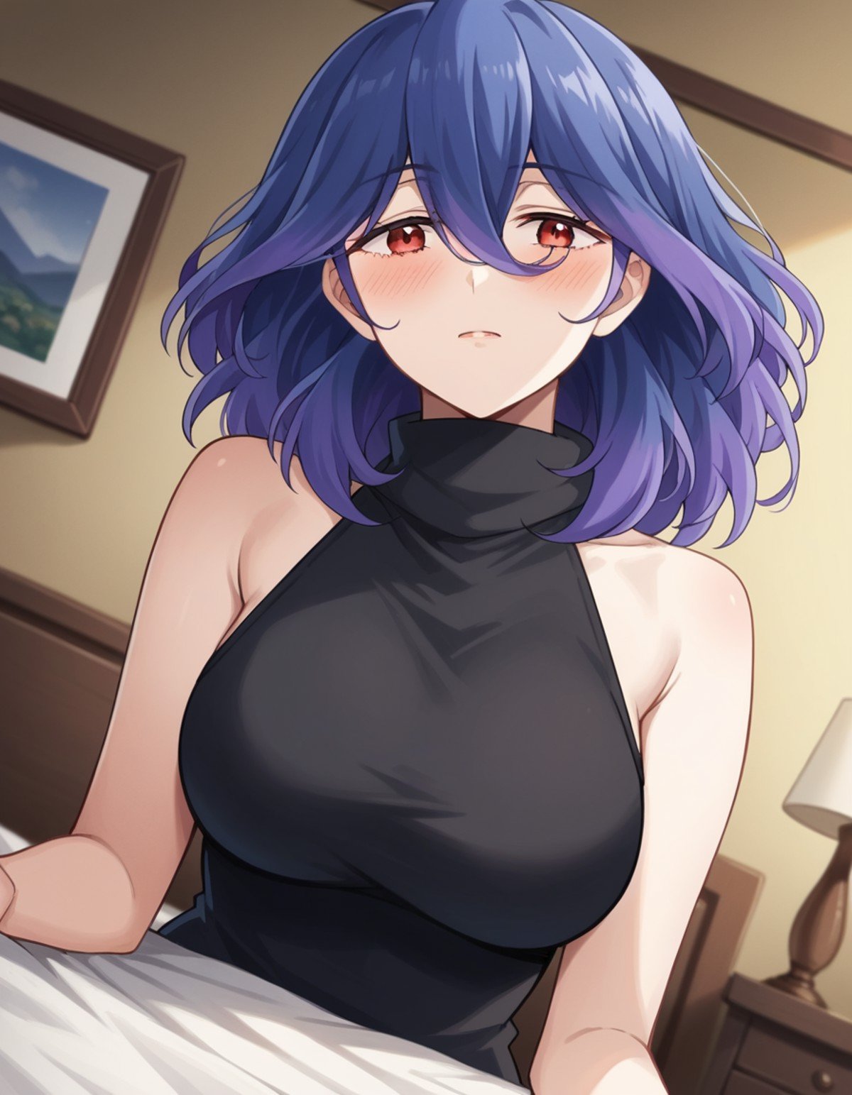 score_9, score_8_up, score_7_up, source_anime,vermeil, <lora:vermeil-s1-ponyxl-lora-nochekaiser:1>,vermeil, red eyes, hair between eyes, blue hair, purple hair, multicolored hair, medium hair,sweater, bare shoulders, sleeveless, turtleneck, black sweater,indoors, bed, bed room, on side, blush, drunk,looking at viewer, cowboy shot, solo, dutch angle,