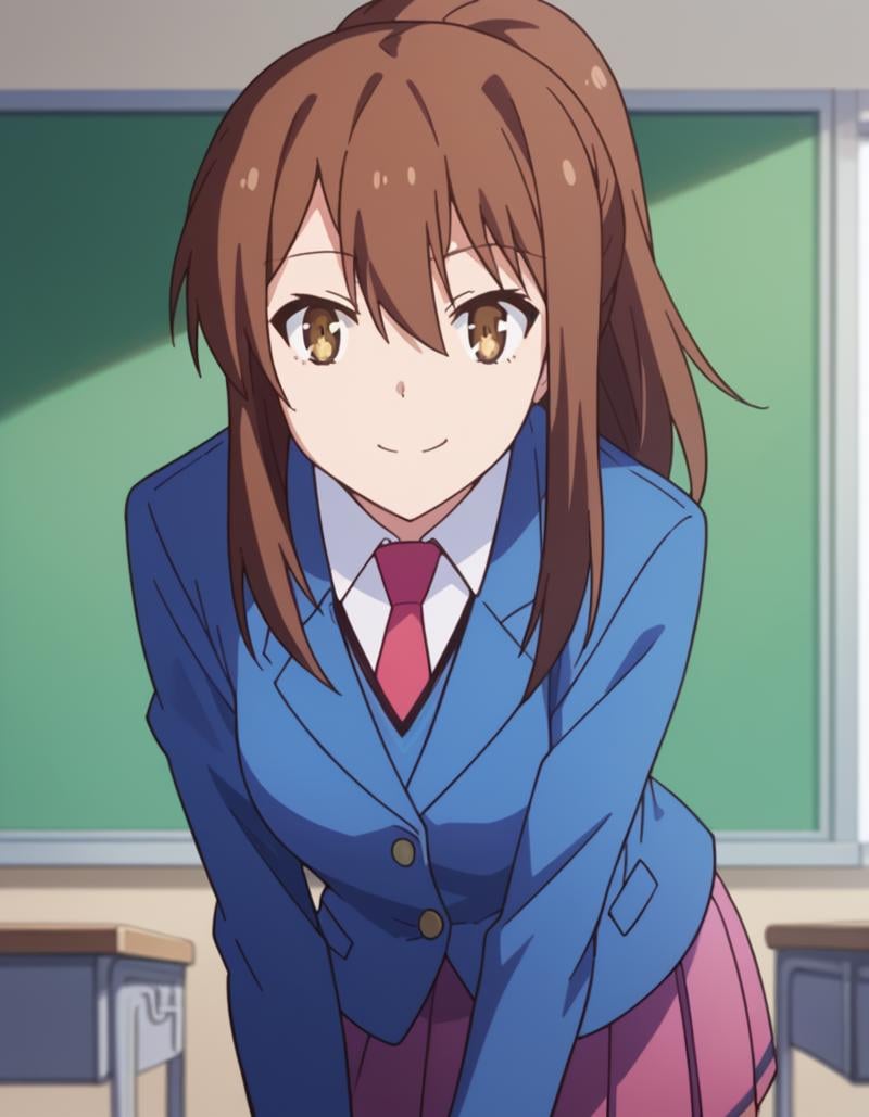 score_9, score_8_up, score_7_up, source_anime,nanamiaoyama, <lora:nanami-aoyama-s1-ponyxl-lora-nochekaiser:1>,nanami aoyama, long hair, bangs, brown hair, hair between eyes, brown eyes, ponytail, sidelocks,skirt, school uniform, jacket, pleated skirt, necktie, blazer,indoors, classroom, bent over, smile,looking at viewer, cowboy shot, solo, dutch angle