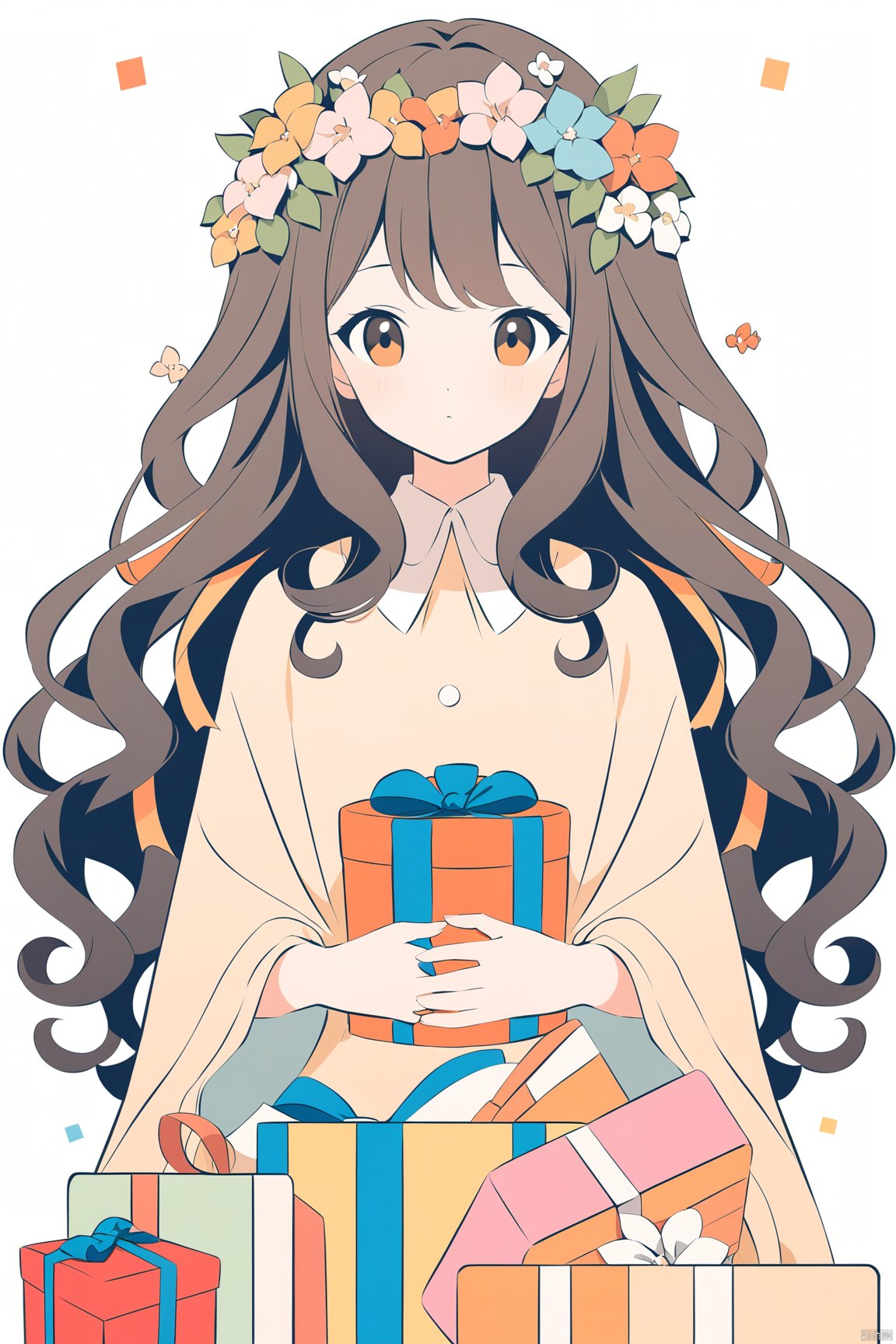 A mother and daughter wearing flower crowns,holding gifts in their hands,with flowers growing on the hair of long black curly hair,in the style of a simple flat illustration,warm colors,white background,surrounded by gift boxes and ribbons,with a minimalist composition. The whole body is centered