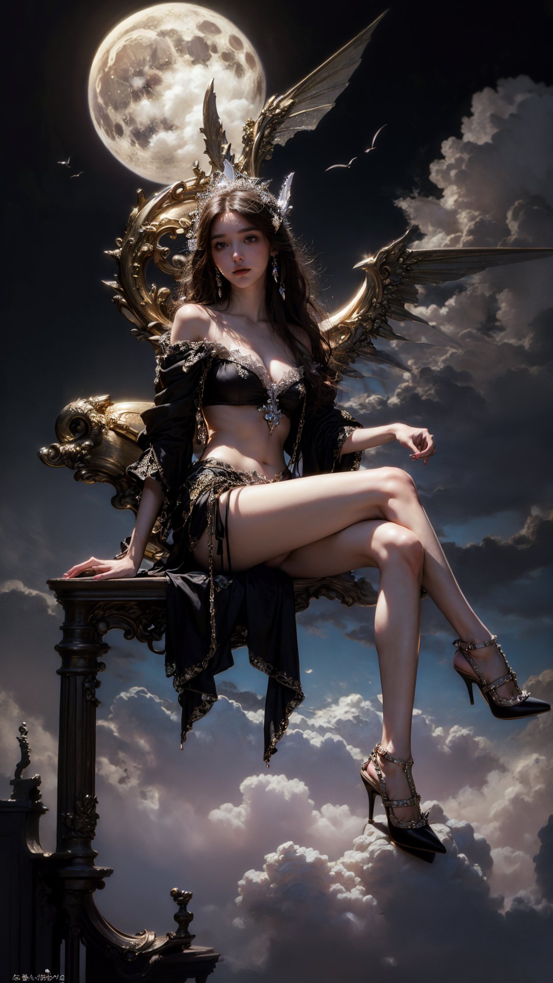 tutututu,high heels,((best quality)),((masterpiece)),(detailed),alluring demon girl,ethereal beauty,perched on a cloud,(fantasy illustration:1.3),enchanting gaze,captivating pose,otherworldly charm,mystical sky,(Luis Royo:1.2),(Yoshitaka Amano:1.1),moonlit night,soft colors,(detailed cloudscape:1.3),(high-resolution:1.2),<lora:merged_0020:1>,