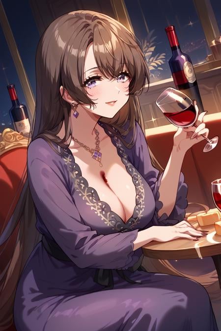 score_9, score_8_up, score_7_up, score_6_up, 1girl, <lora:Himegami_Shano:0.9> himegami, breasts, cup, cleavage, solo, long hair, brown hair, sitting, wine glass, purple eyes, alcohol, holding cup, food, purple dress, navialt, mature