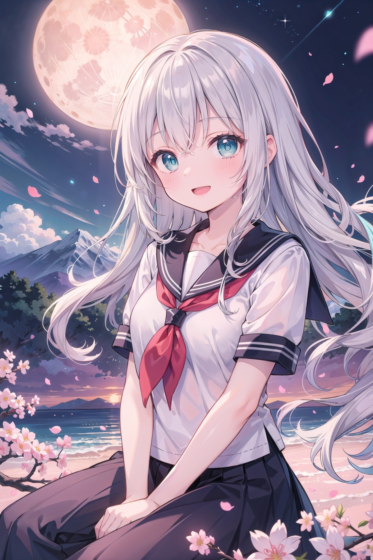 (masterpiece), night, full moon, huge moon, scenery, mountainous horizon, cherry blossoms, petals, light particles, upper body, 1girl, petite, serafuku, (white shirt:0.7), wavy hair, floating hair, smile, sitting, open mouth, silver hair, aqua eyes, looking at viewer