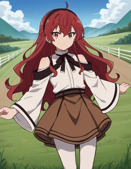 score_9, score_8_up, score_7_up, source_anime,erisgreyrat, <lora:eris-boreas-greyrat-s1-ponyxl-lora-nochekaiser:1>,eris greyrat, ahoge, hair between eyes, long hair, red eyes, red hair, sidelocks,black hairband, black ribbon, brown skirt, hairband, long sleeves, neck ribbon, pantyhose, ribbon, shirt, shoulder cutout, skirt, white pantyhose, white shirt, wide sleeves,outdoors, landscape, farm,looking at viewer, dutch angle, cowboy shot,